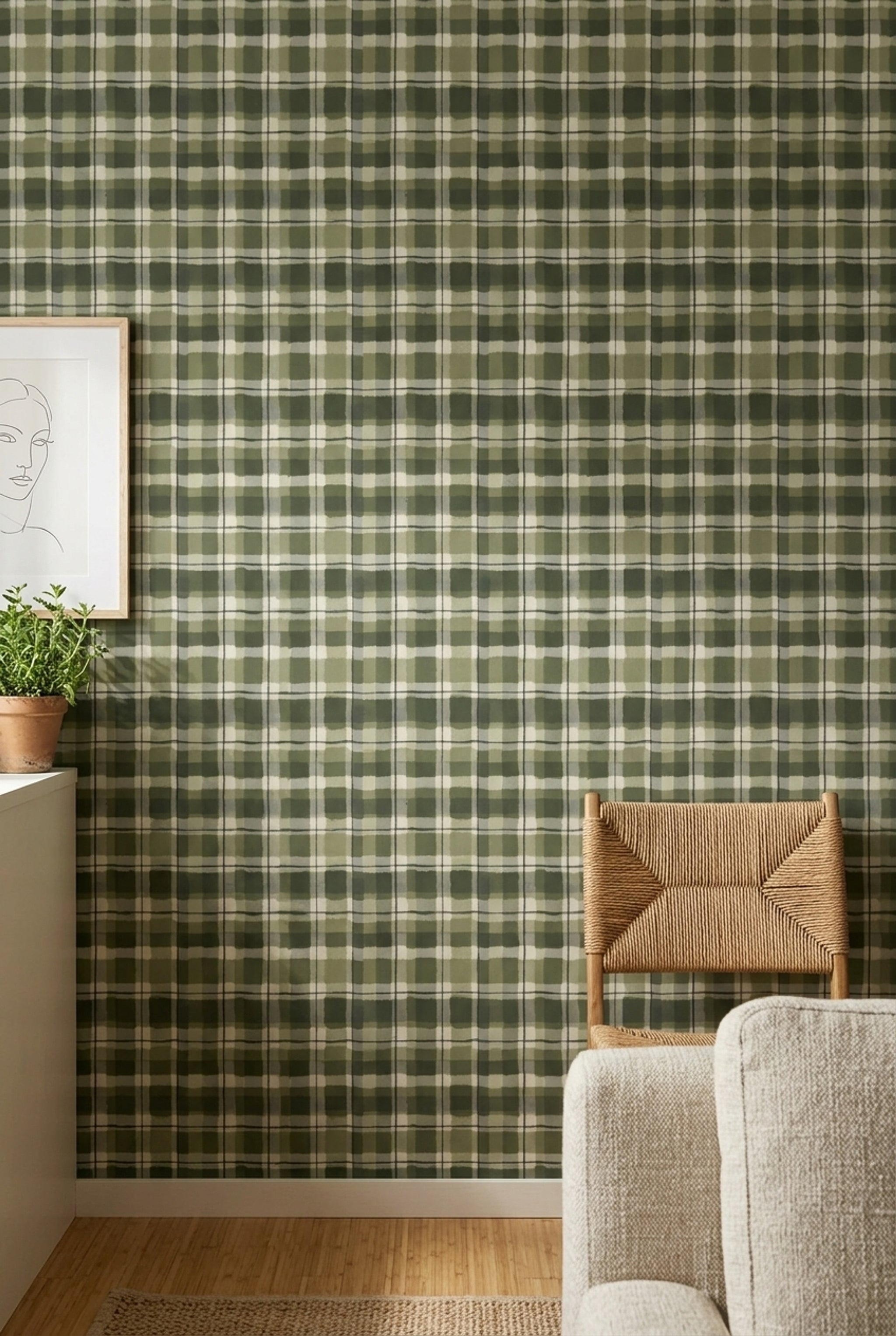 Green Plaid Wallpaper Checkered Grid Farmhouse Removable Wall Decor