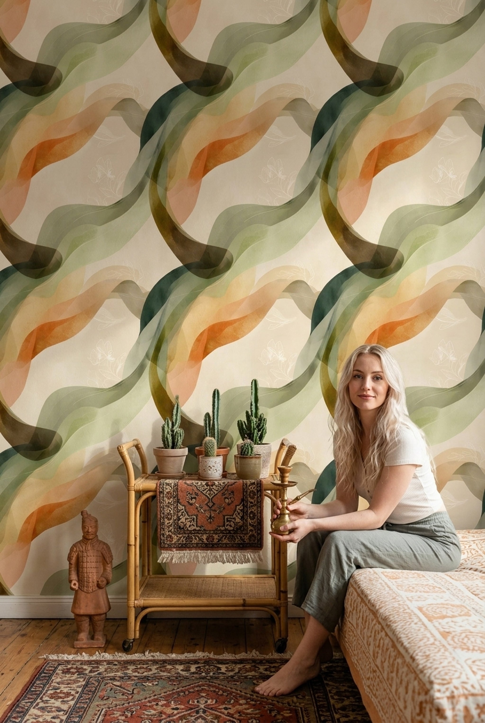 Abstract Waves Wallpaper Sage Green Earth Tones Removable Wall Decor