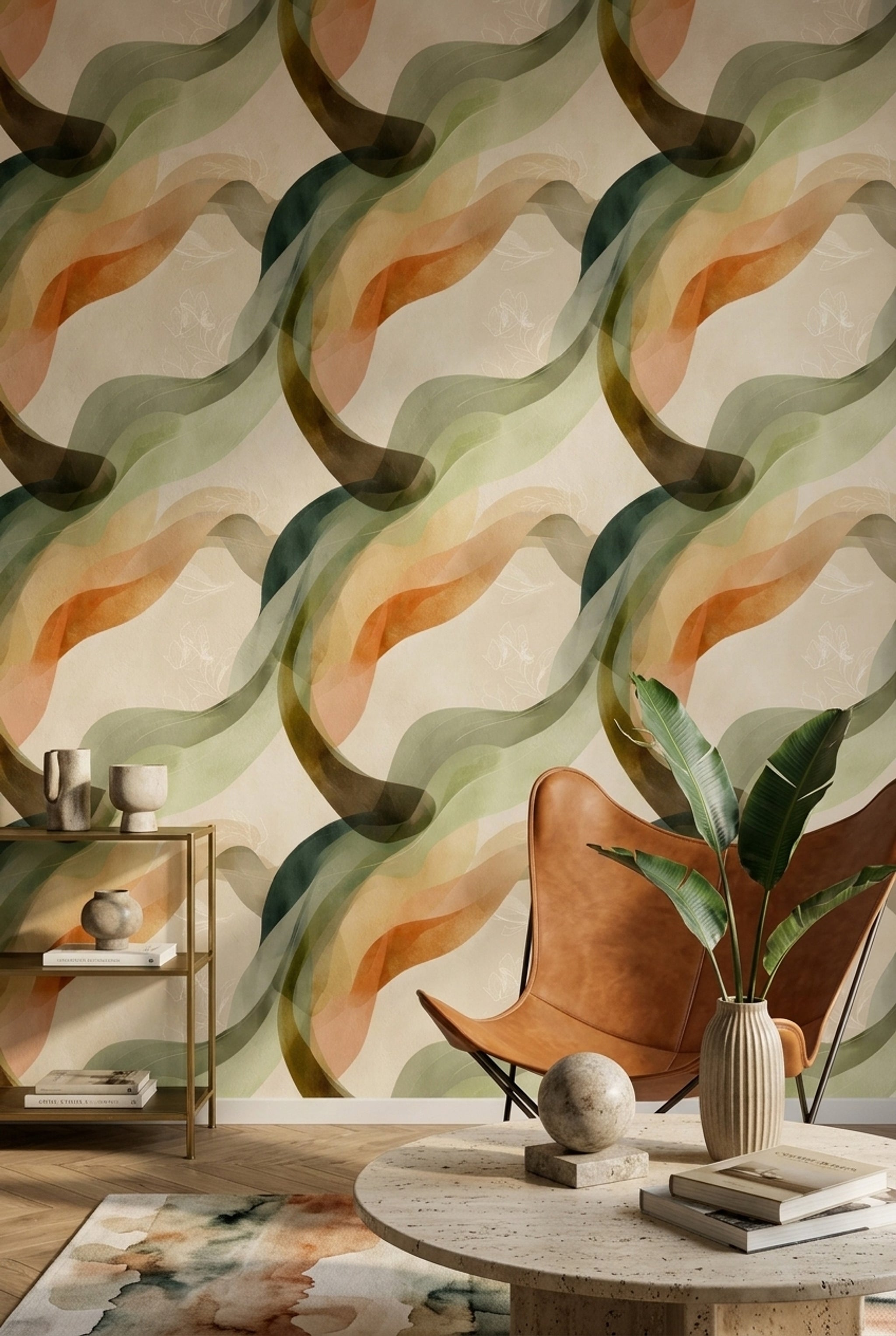 Abstract Waves Wallpaper Sage Green Earth Tones Removable Wall Decor