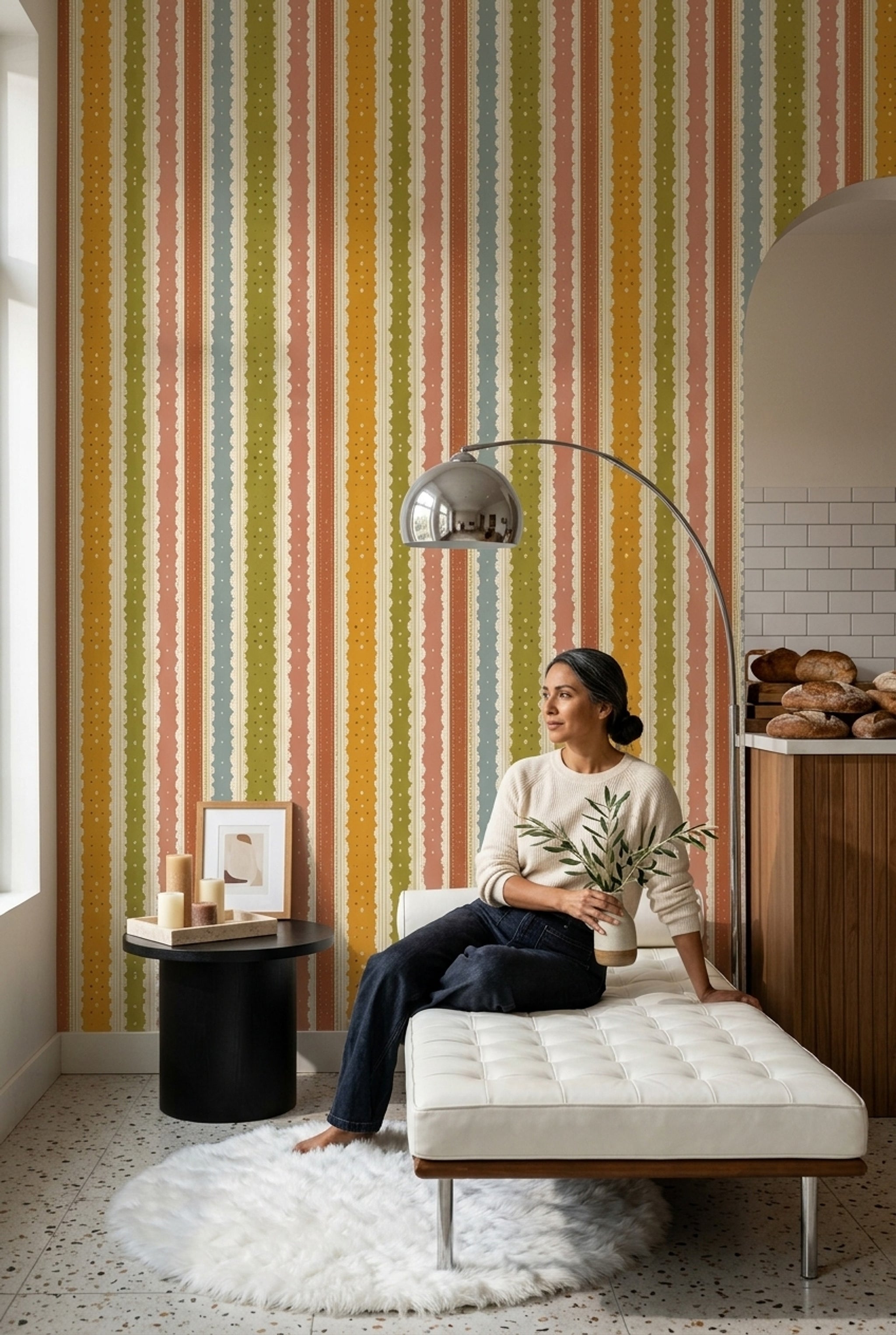 Vertical Stripes Wallpaper Polka Dots Scalloped Lace Border Removable Wall Decor