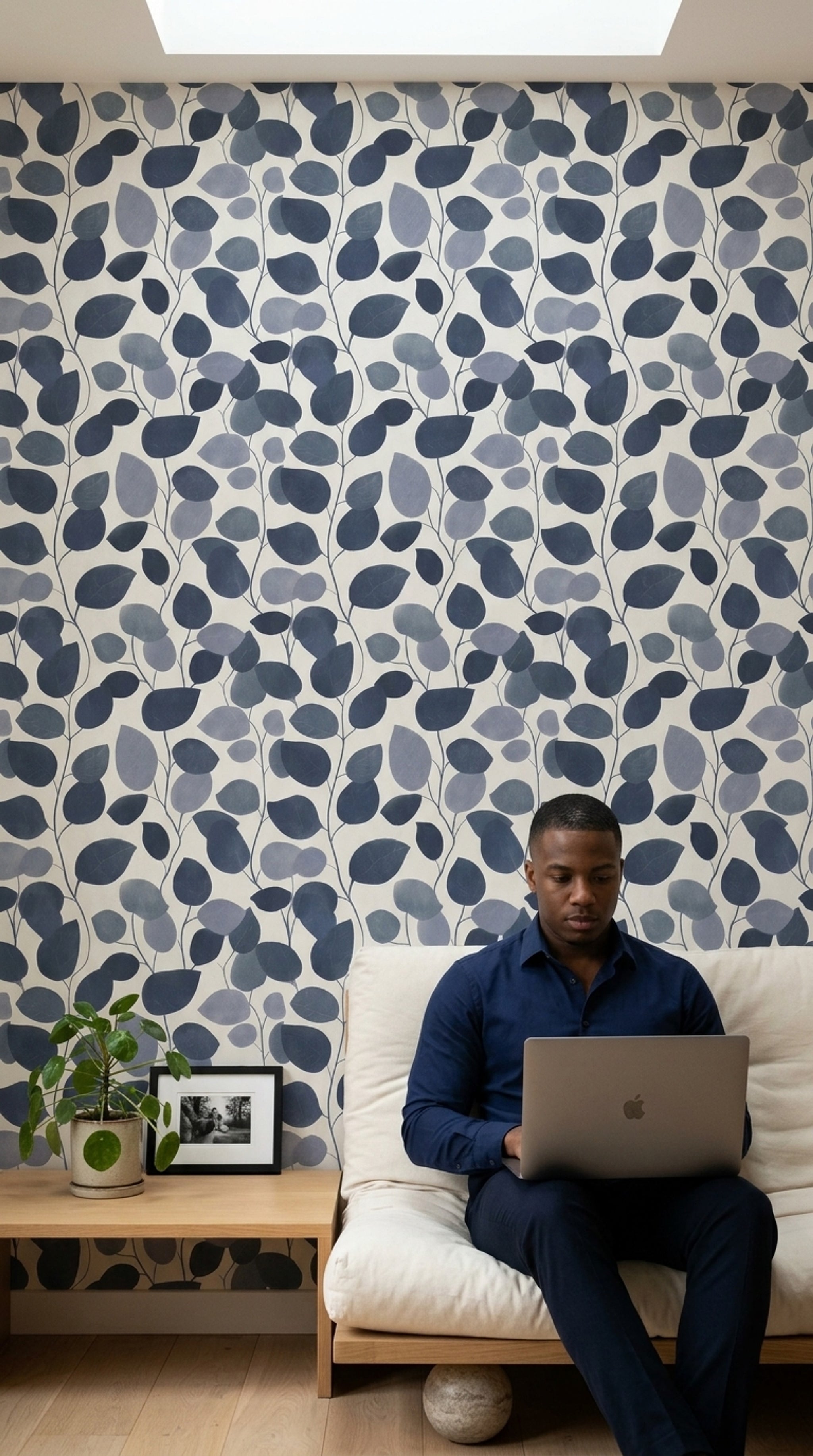 Botanical Wallpaper Leaf Silhouette Removable Navy Blue Wall Double Roll