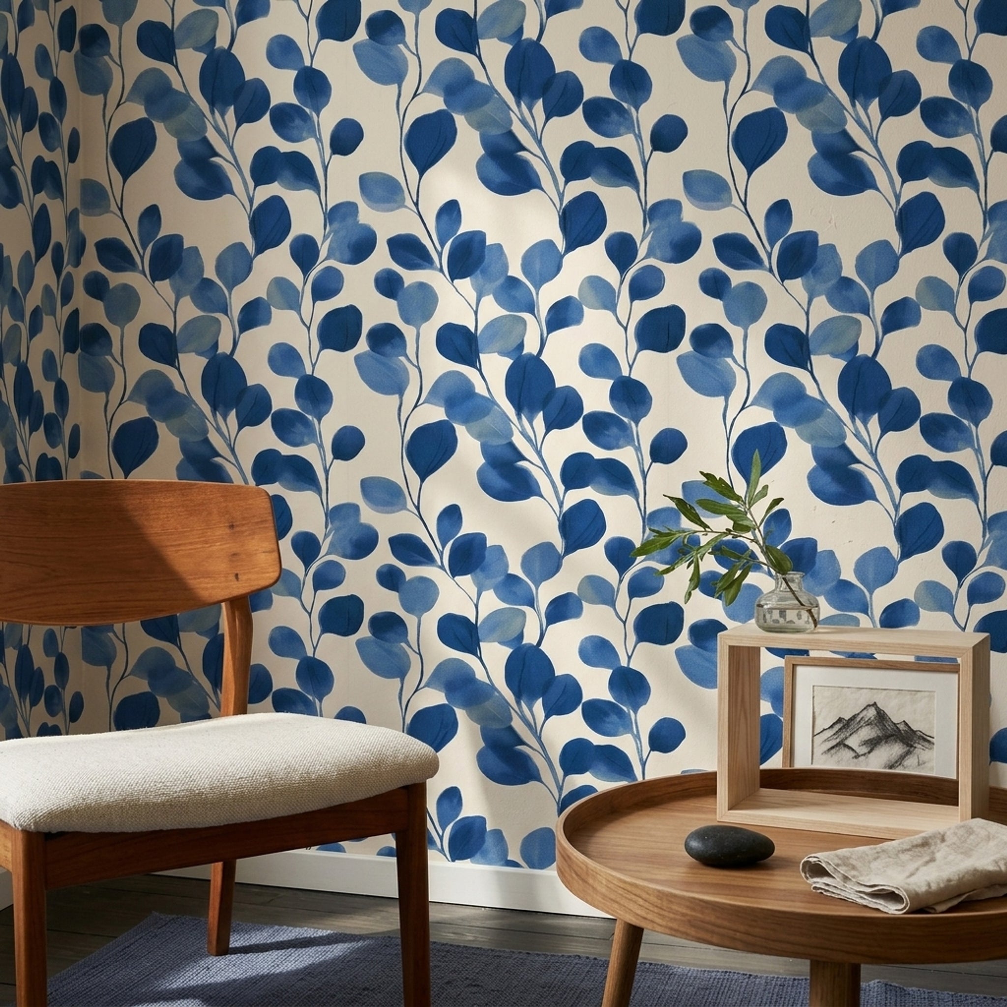 Blue Botanical Wallpaper Leafy Branches Modern Floral Removable Wall Decor