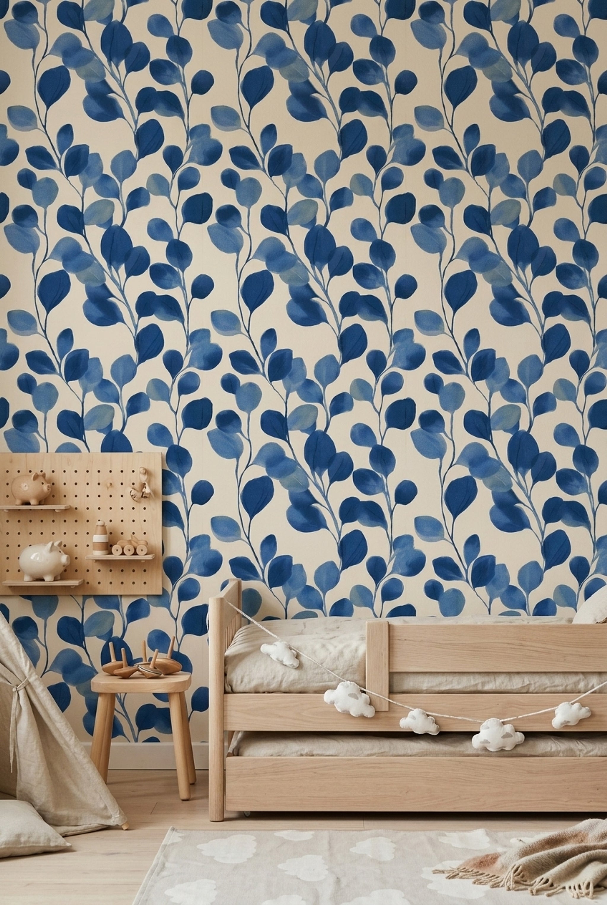 Blue Botanical Wallpaper Leafy Branches Modern Floral Removable Wall Decor