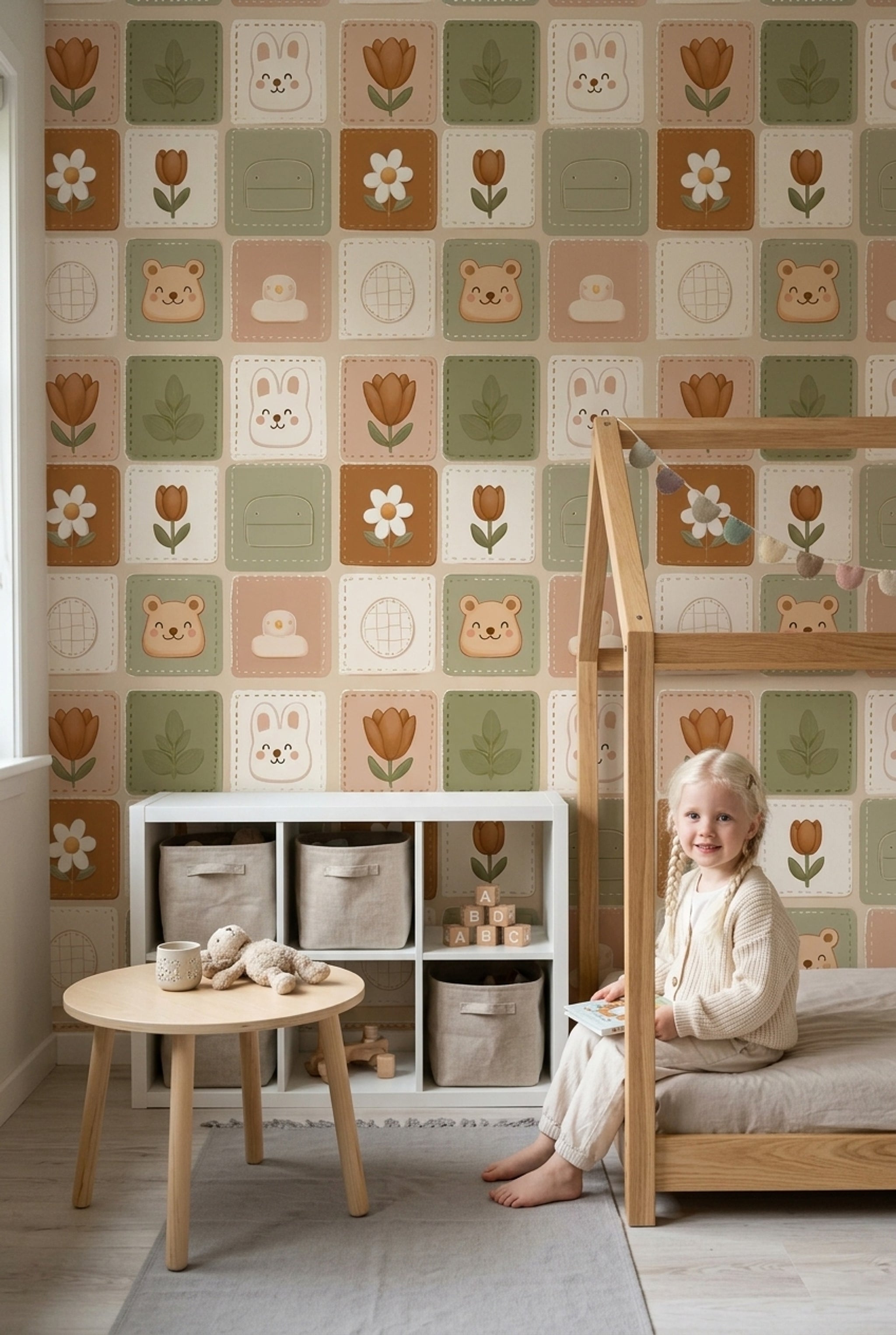 Cute Nursery Wallpaper Patchwork Tiles Removable Botanical Flowers Wall Double Roll