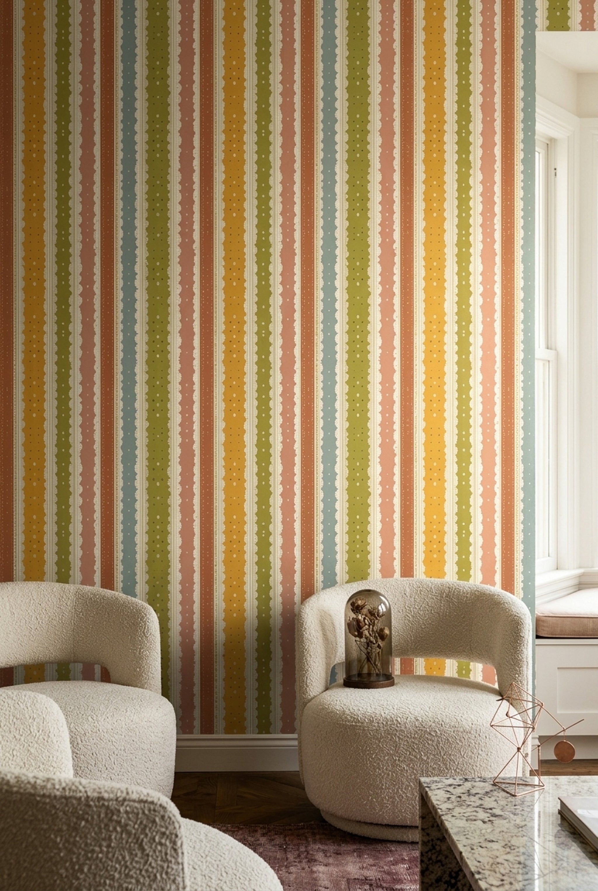 Vertical Stripes Wallpaper Polka Dots Scalloped Lace Border Removable Wall Decor