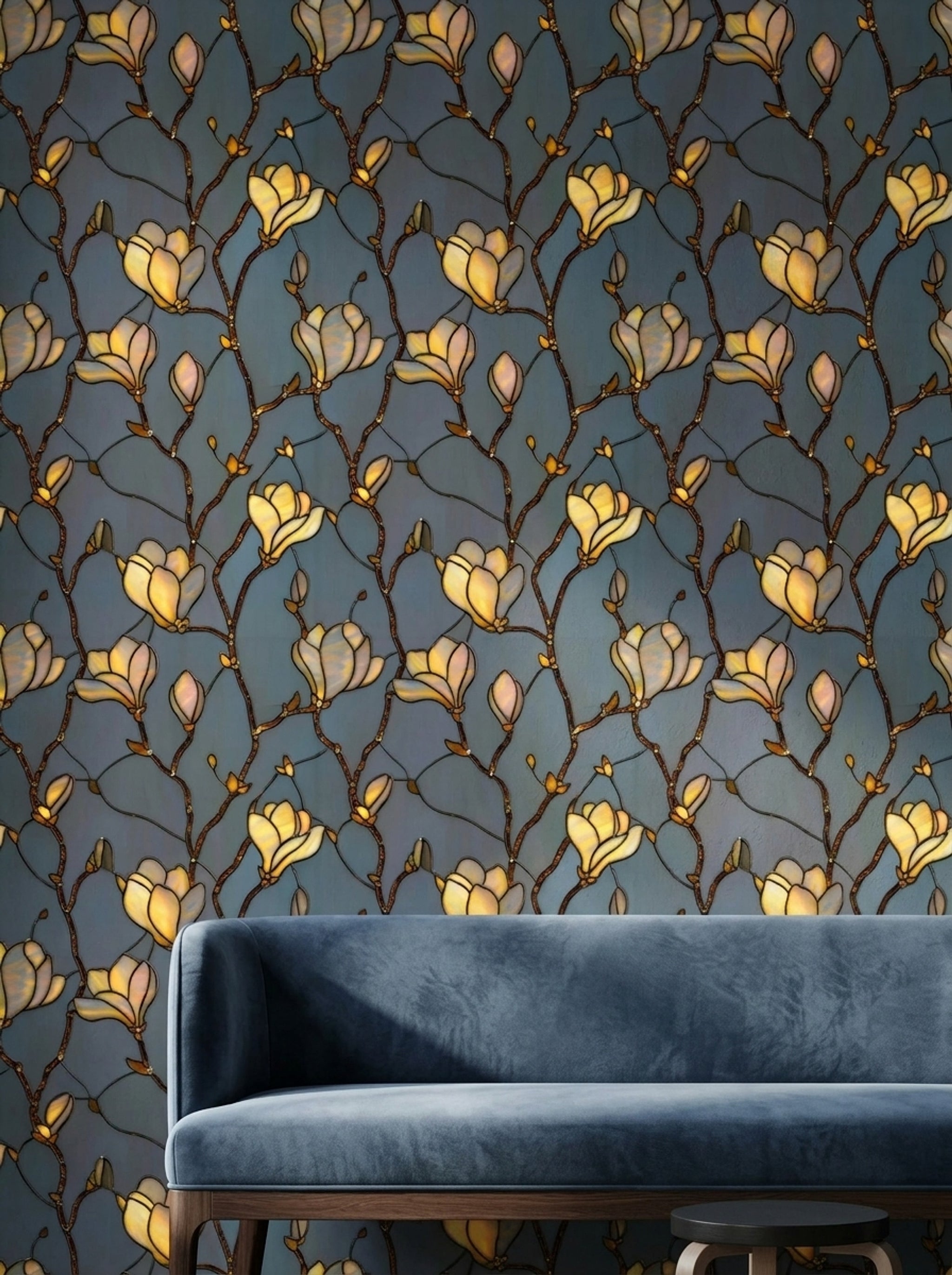 Stained Glass Wallpaper Magnolia Blossoms Removable Amber Gold Petals Wall Double Roll