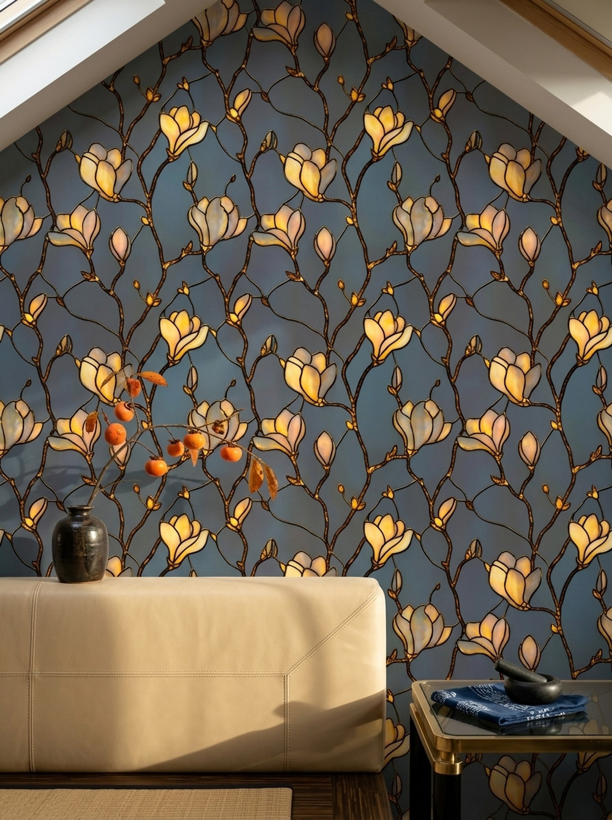 Stained Glass Wallpaper Magnolia Blossoms Removable Amber Gold Petals Wall Double Roll
