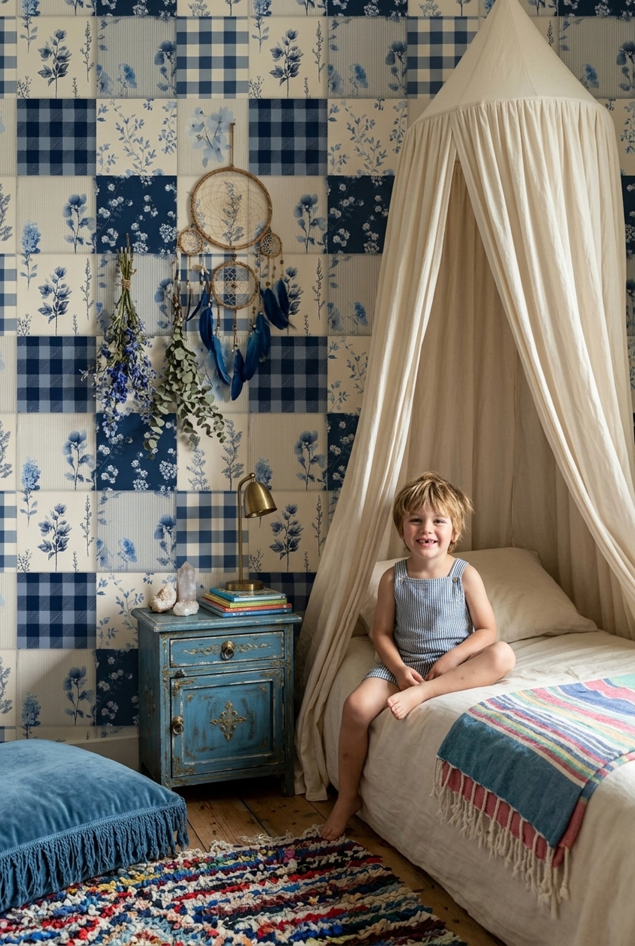Patchwork Quilt Wallpaper Gingham Check Floral Botanical Removable Wall Decor