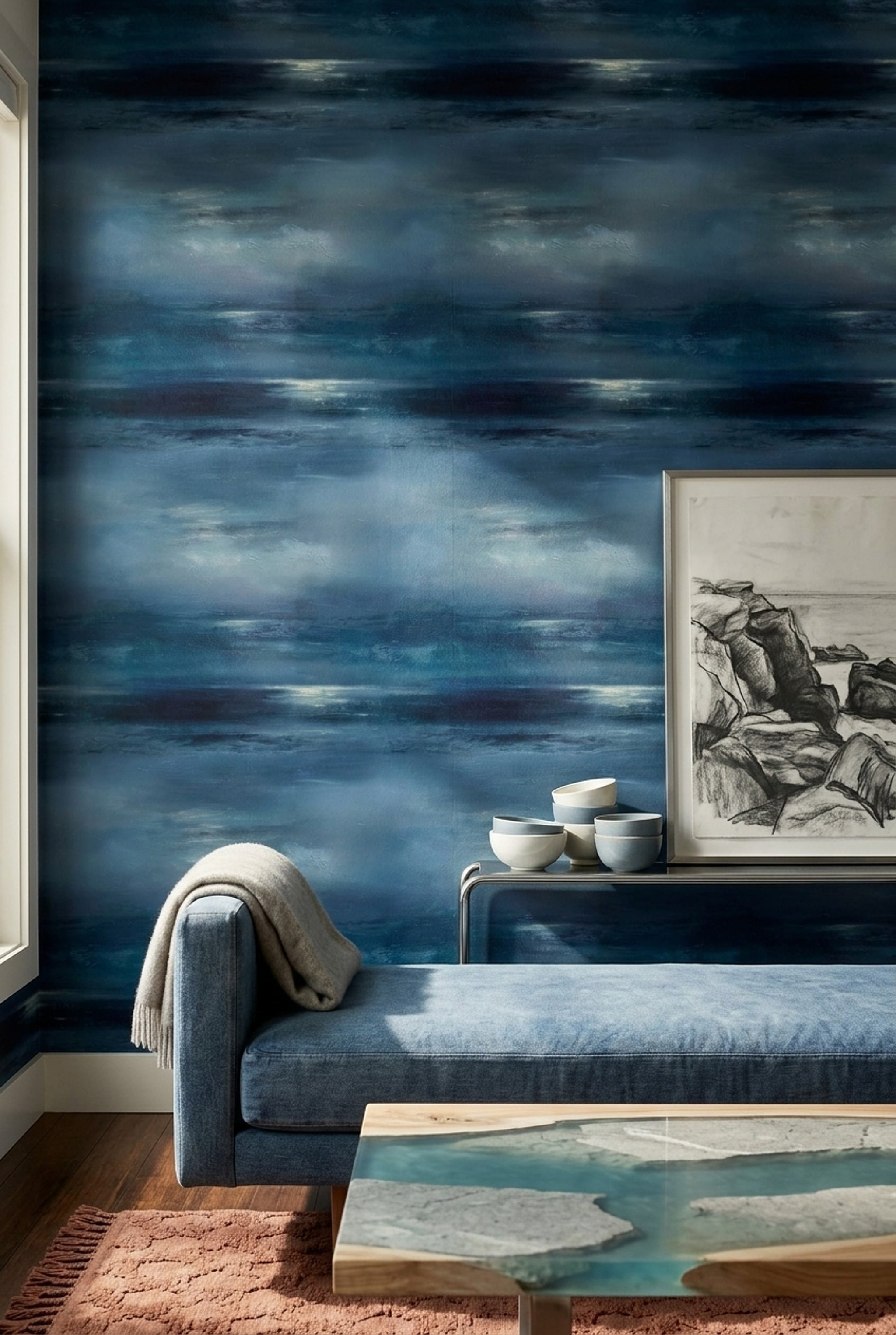 Abstract Seascape Wallpaper Dark Blue Ombre Gradient Decorative Mural