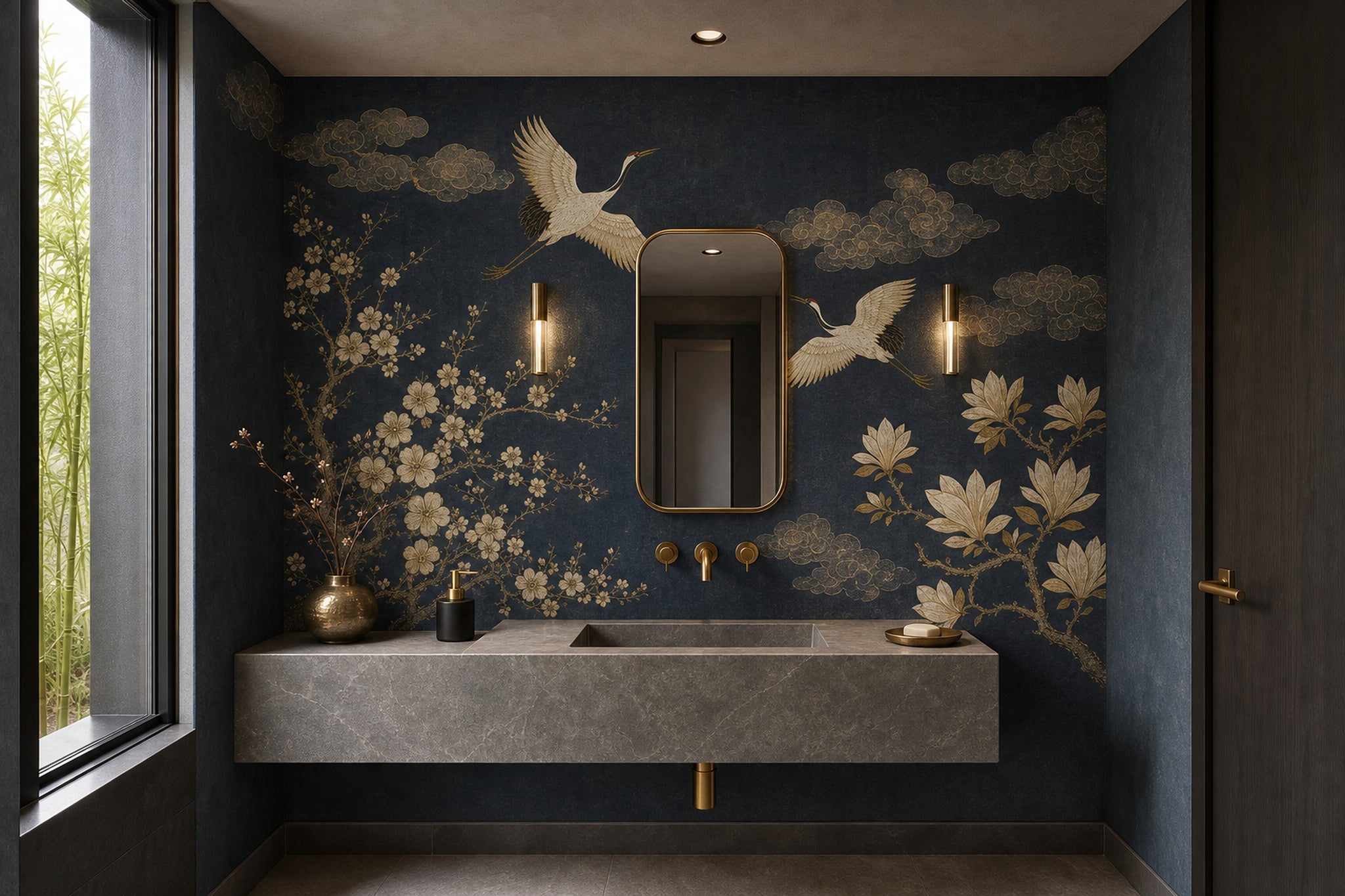 Cranes Wallpaper Gold Line Art Vintage Mural Wall Mural
