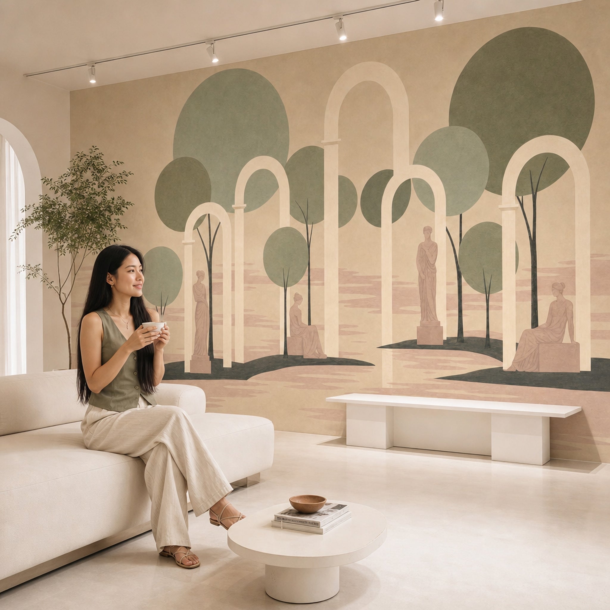 Muted Green Wallpaper Classical Arch Sculptural Removable Wall Decor