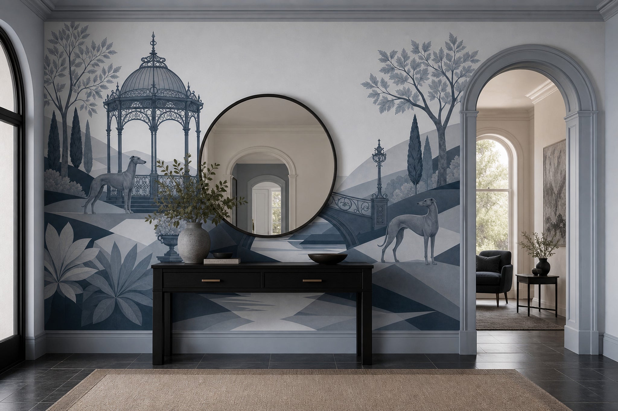 Ornate Gazebo Wallpaper Arched Bridge Greyhound Dogs Wall Mural