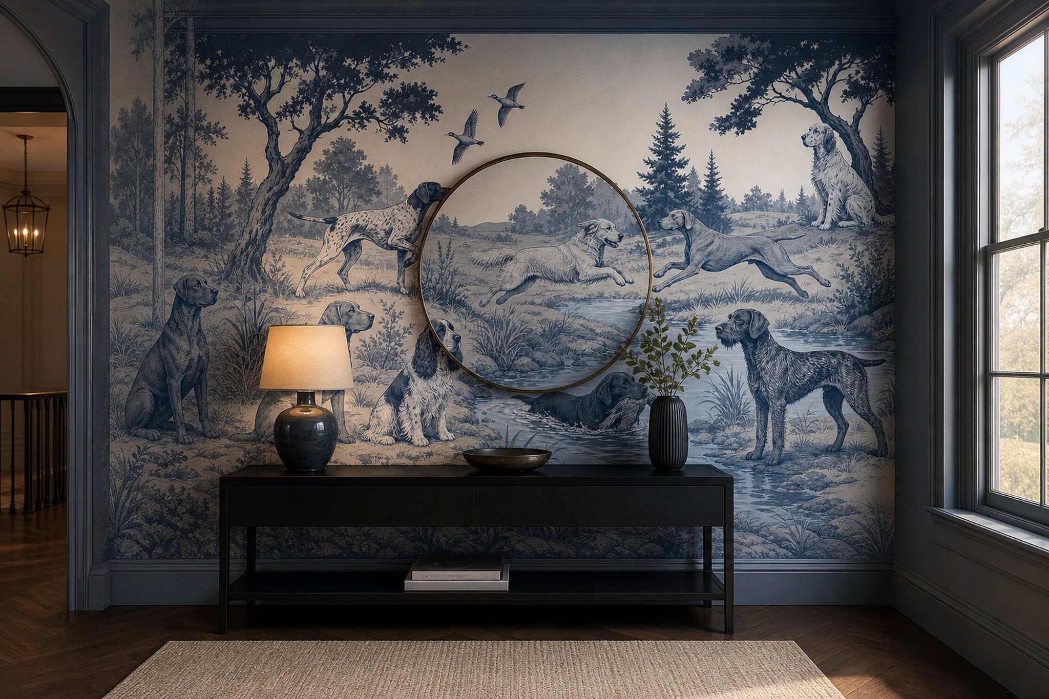 Blue Toile Wallpaper Hunting Dogs Country Landscape Removable Wall Decor