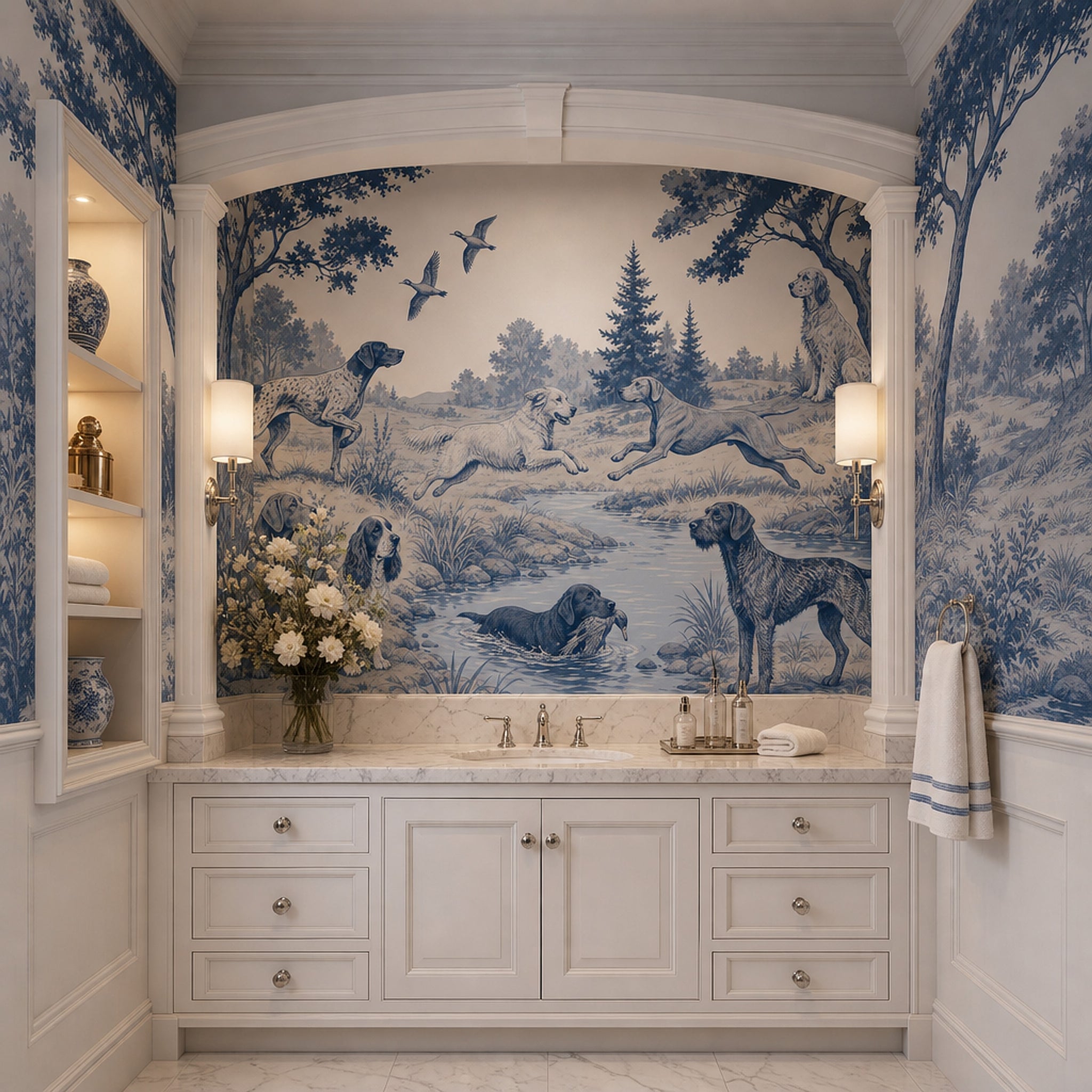 Blue Toile Wallpaper Hunting Dogs Country Landscape Removable Wall Decor