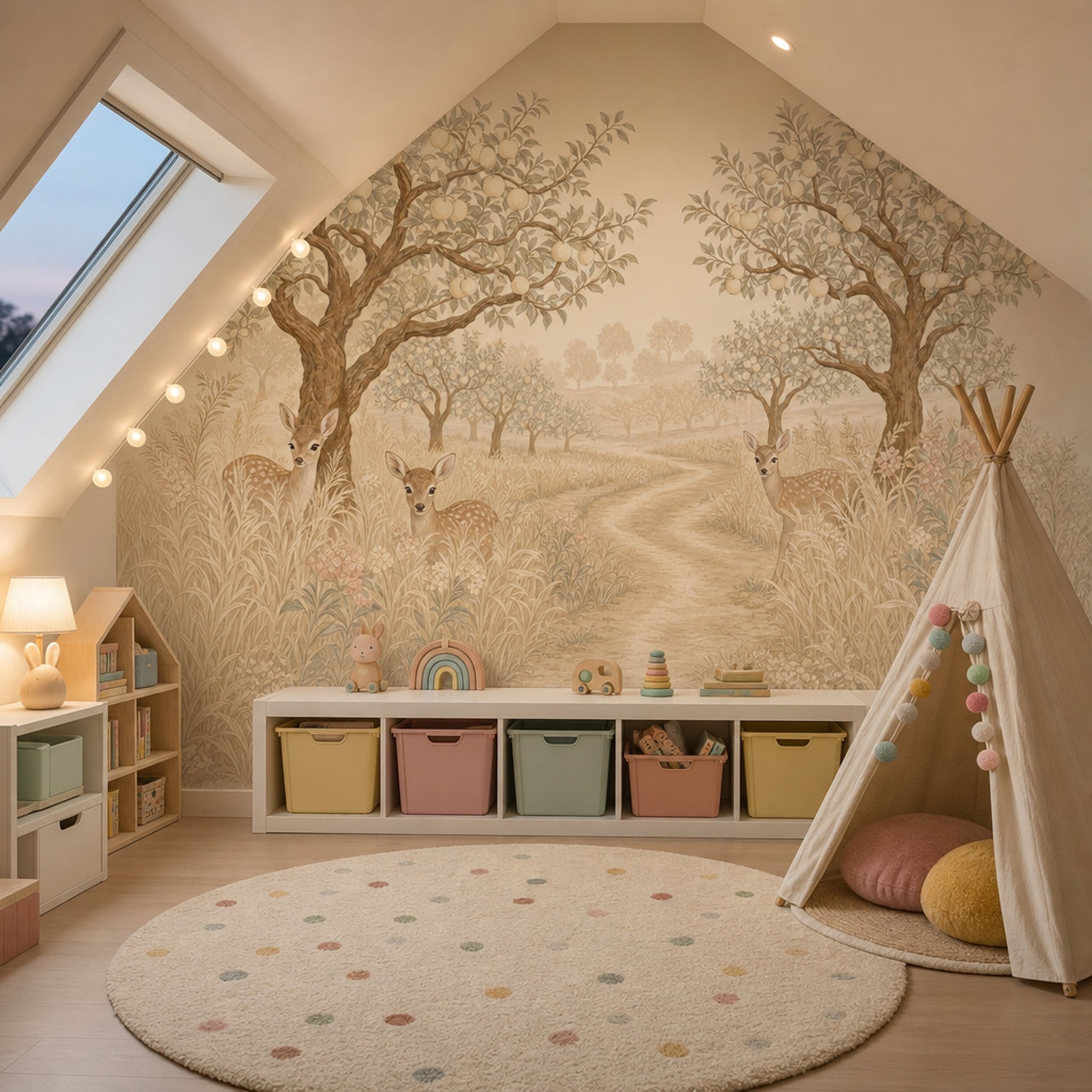 Pastoral Landscape Wallpaper Orchard Trees Fawns Removable Wall Decor