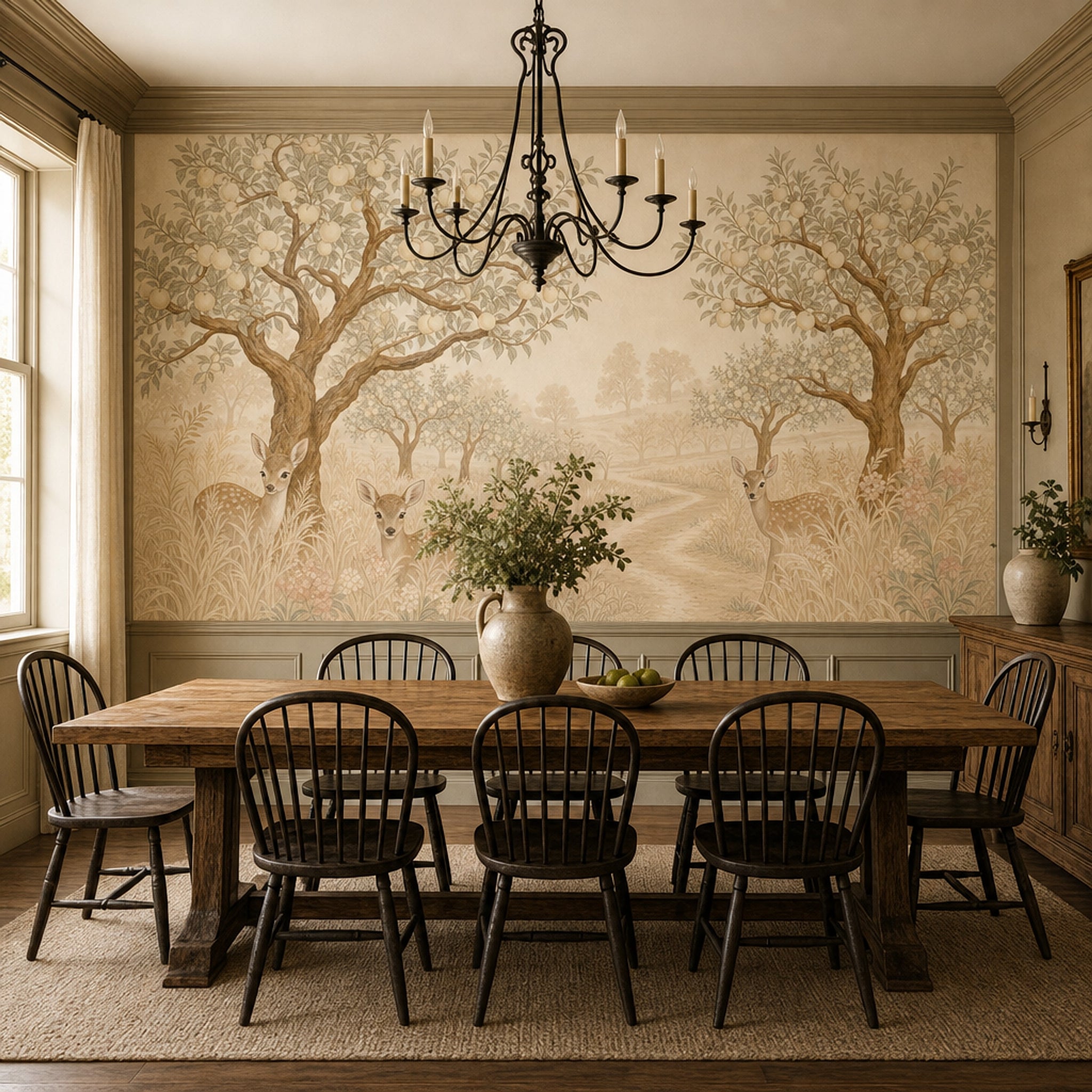 Pastoral Landscape Wallpaper Orchard Trees Fawns Removable Wall Decor