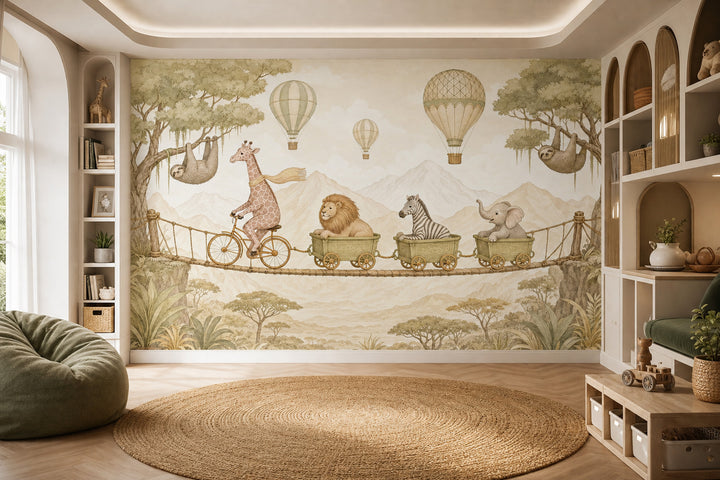 Whimsical Safari Wallpaper Storybook Watercolor Nursery Mural Removable Wall Decor