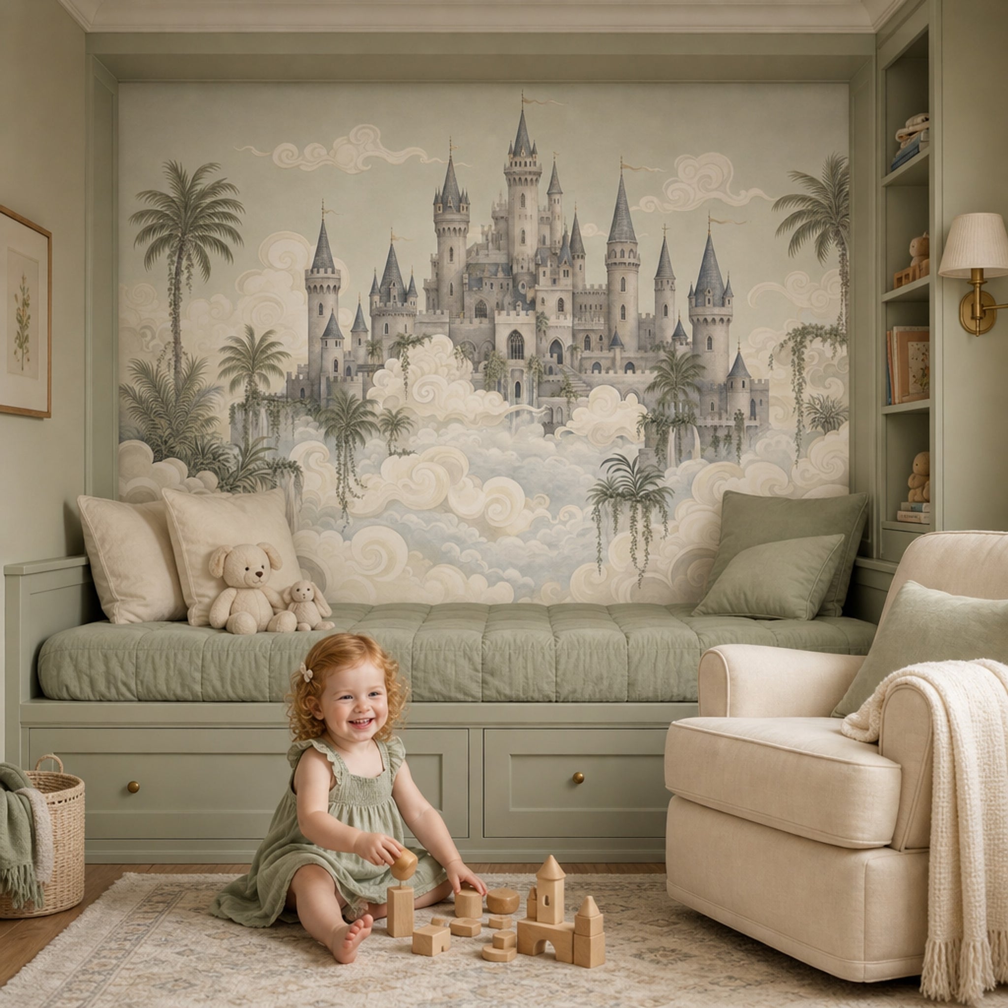 Fantasy Castle Wallpaper Floating Clouds Removable Storybook Landscape Wall Decor