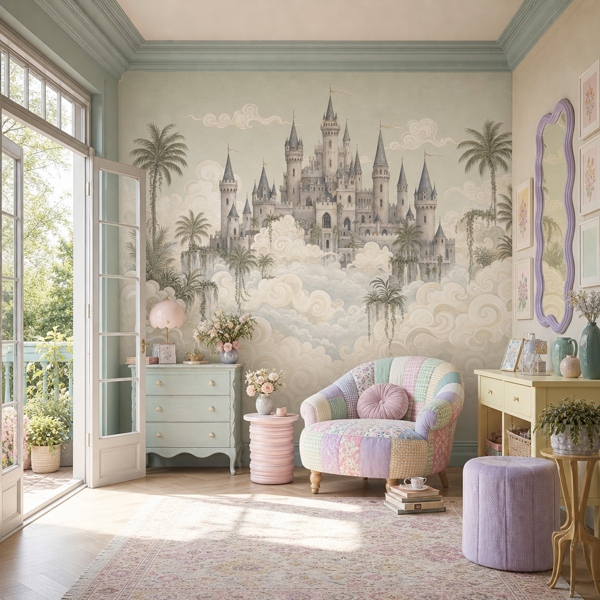 Fantasy Castle Wallpaper Floating Clouds Removable Storybook Landscape Wall Decor