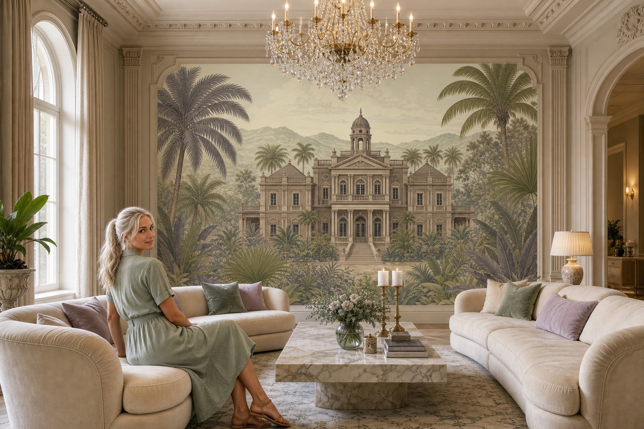 Muted Green Wallpaper Neoclassical Manor Tropical Landscape Wall Mural