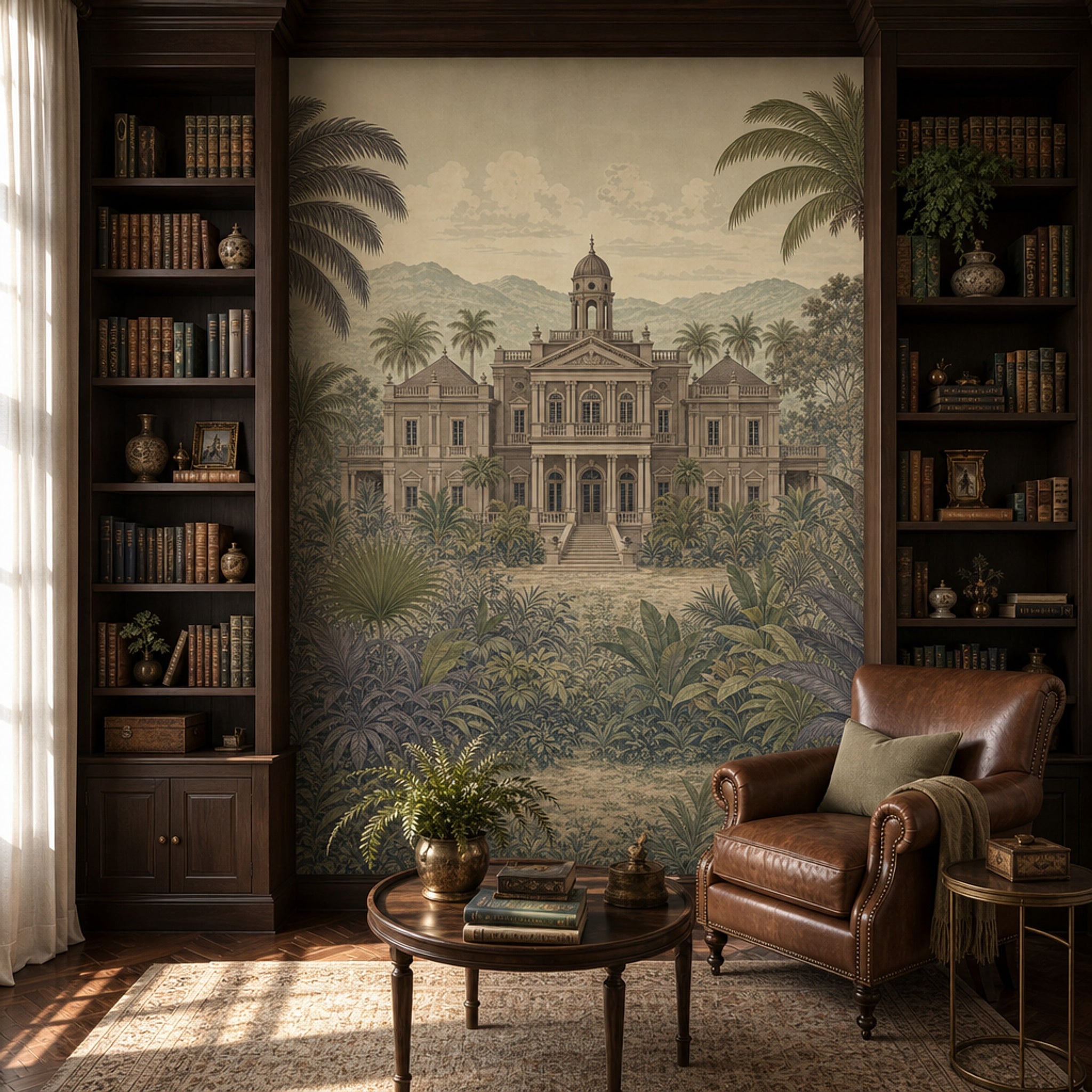 Muted Green Wallpaper Neoclassical Manor Tropical Landscape Wall Mural