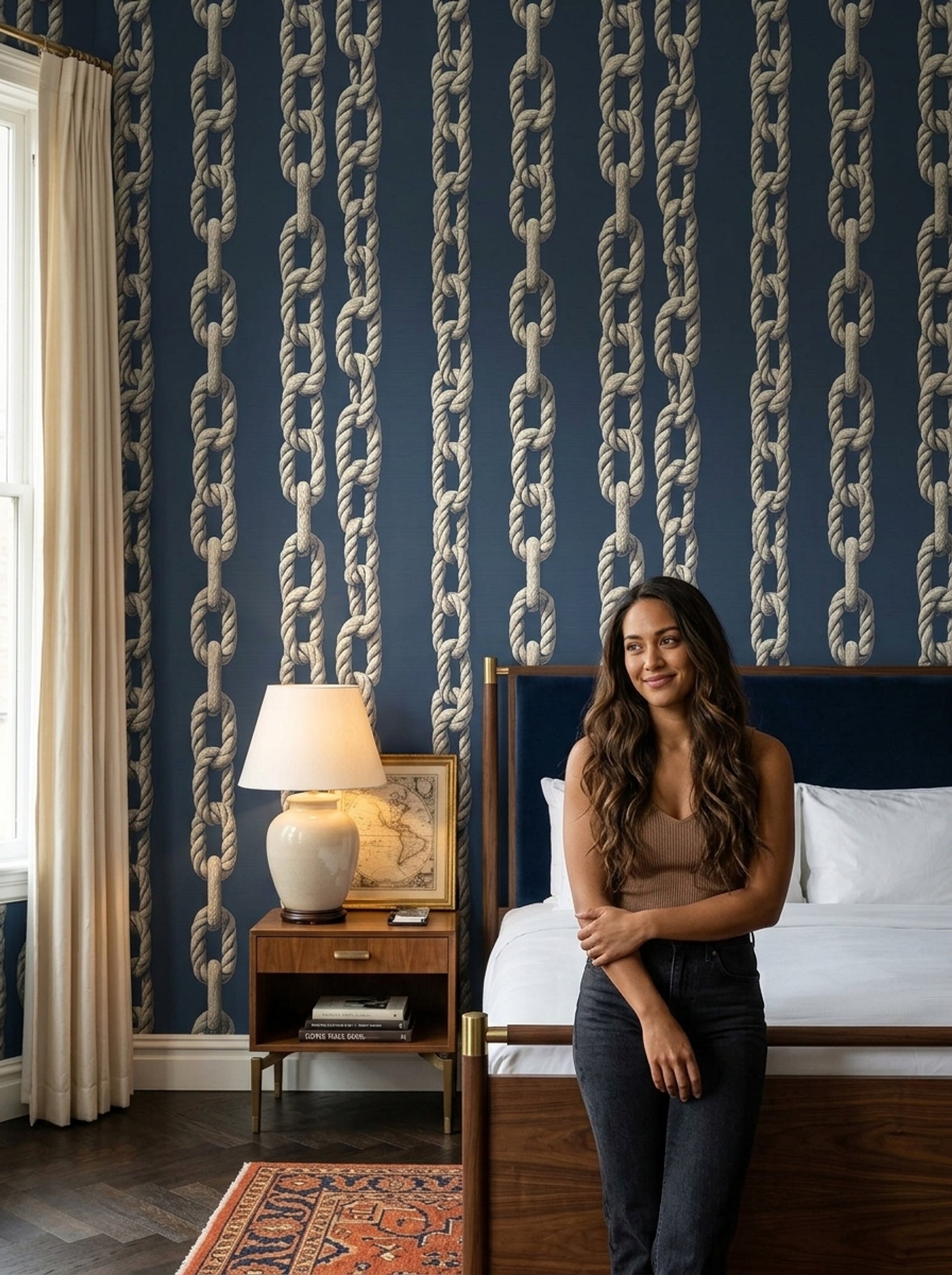 Nautical Rope Wallpaper Dark Navy Background Coastal Maritime Removable Wall Decor