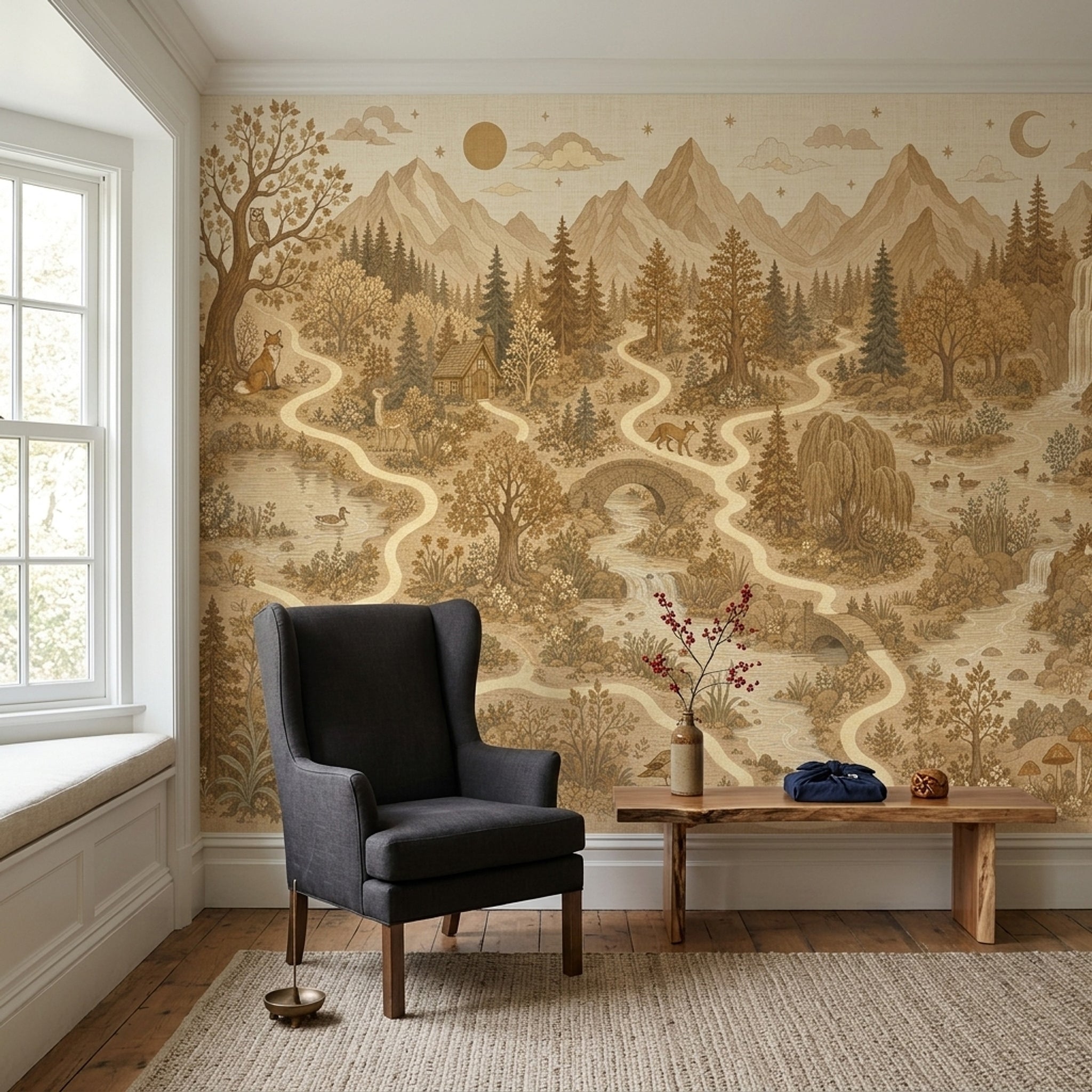 Vintage Woodland Landscape Wallpaper Sepia Beige Toile Mountains And Forest Wall Mural