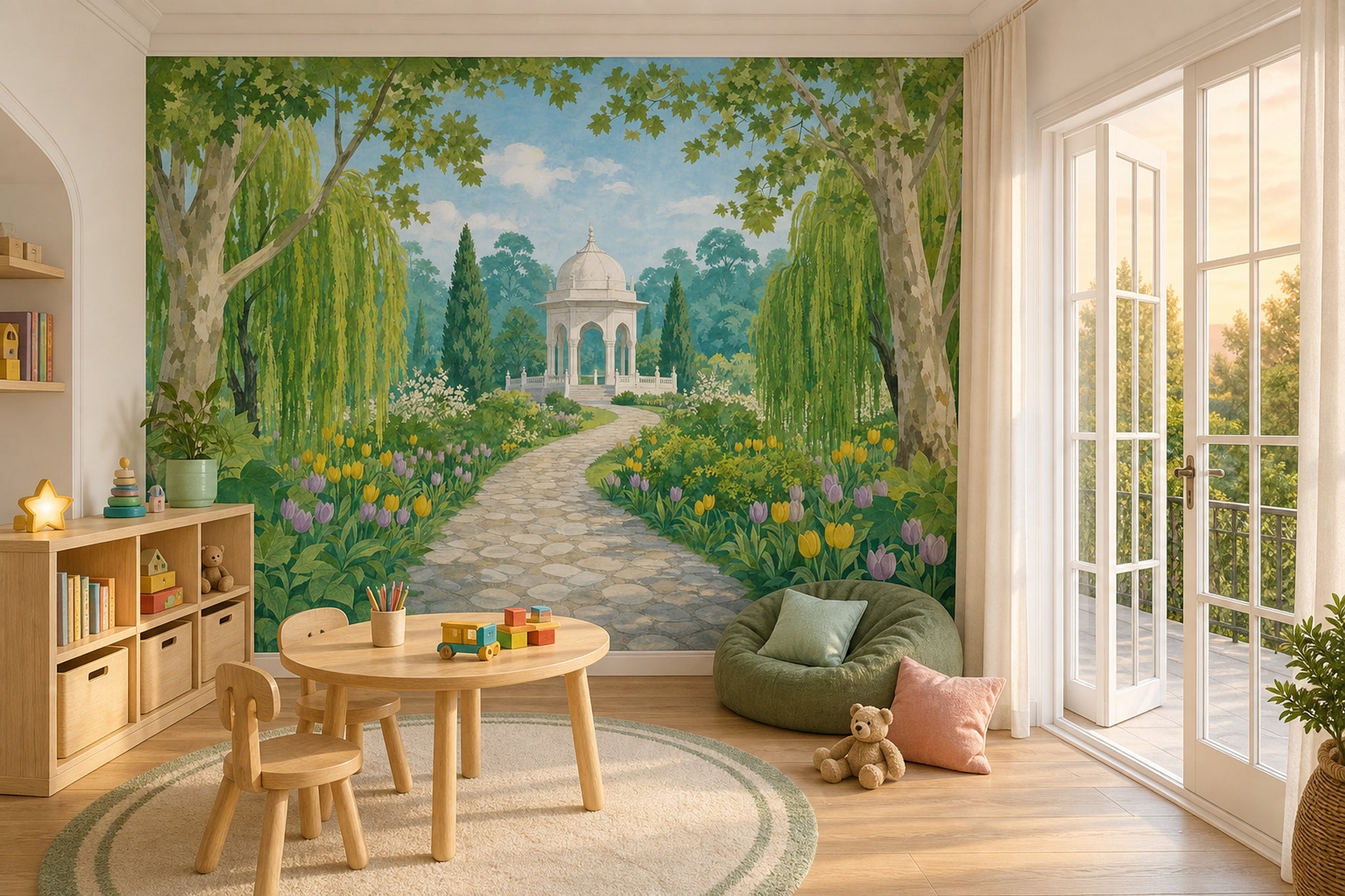Garden Landscape Wallpaper Watercolor Mural White Domed Gazebo Removable Wall Decor