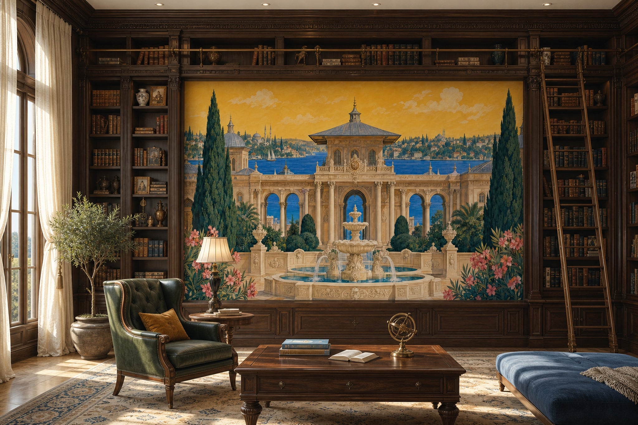 Mediterranean Landscape Wallpaper Classical Architecture Removable Ornate Fountain Wall Decor