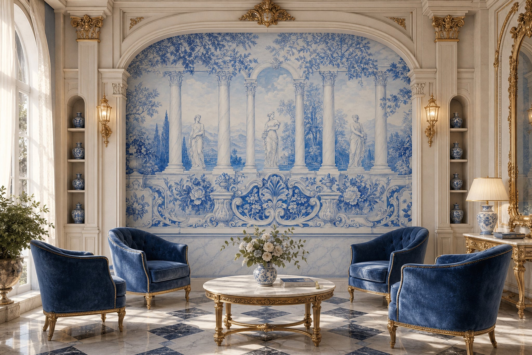 Scenic Landscape Wallpaper Neoclassical Garden Roman Statue Wall Mural