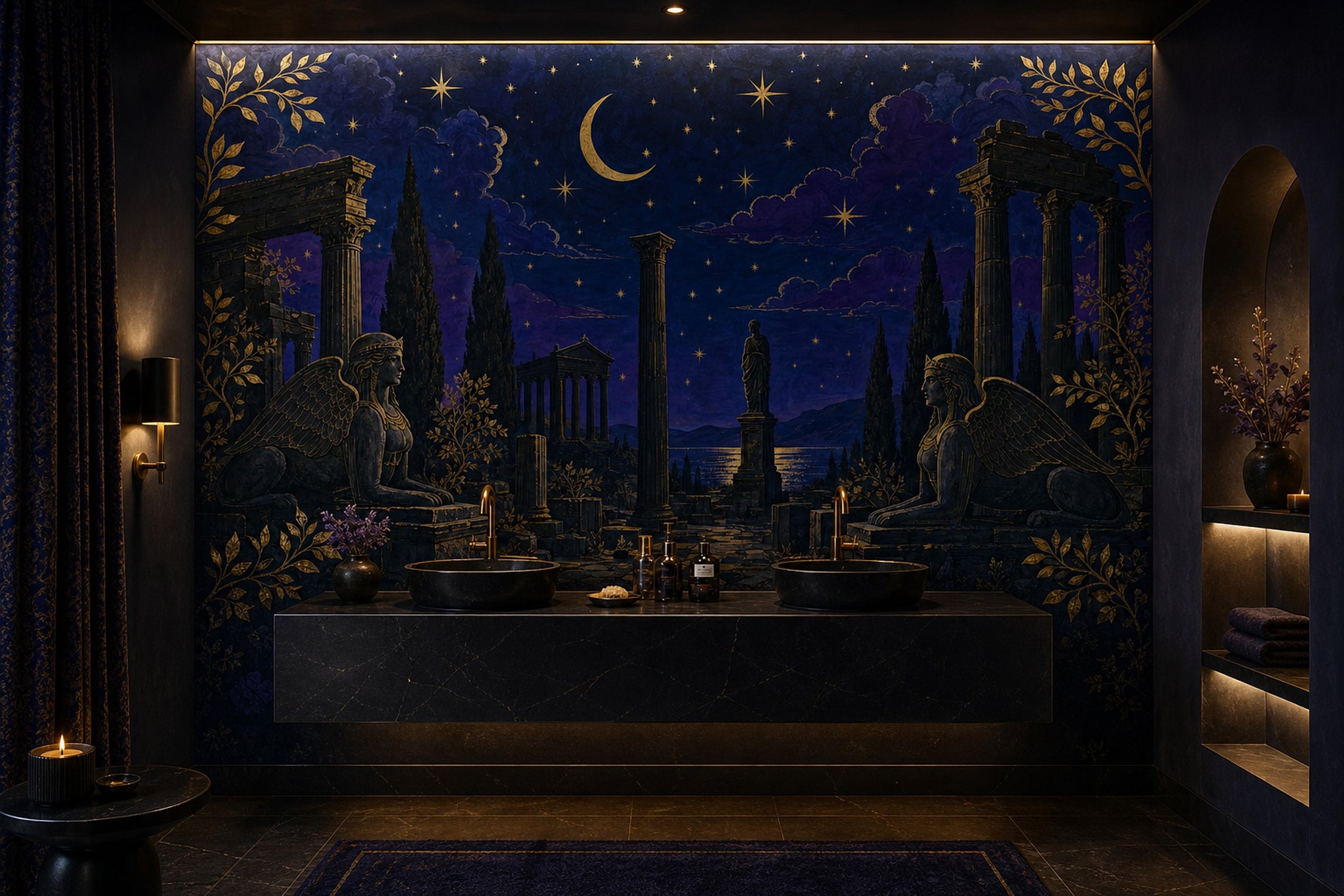 Night Sky Wallpaper Gold Stars Ancient Ruins Removable Wall Decor