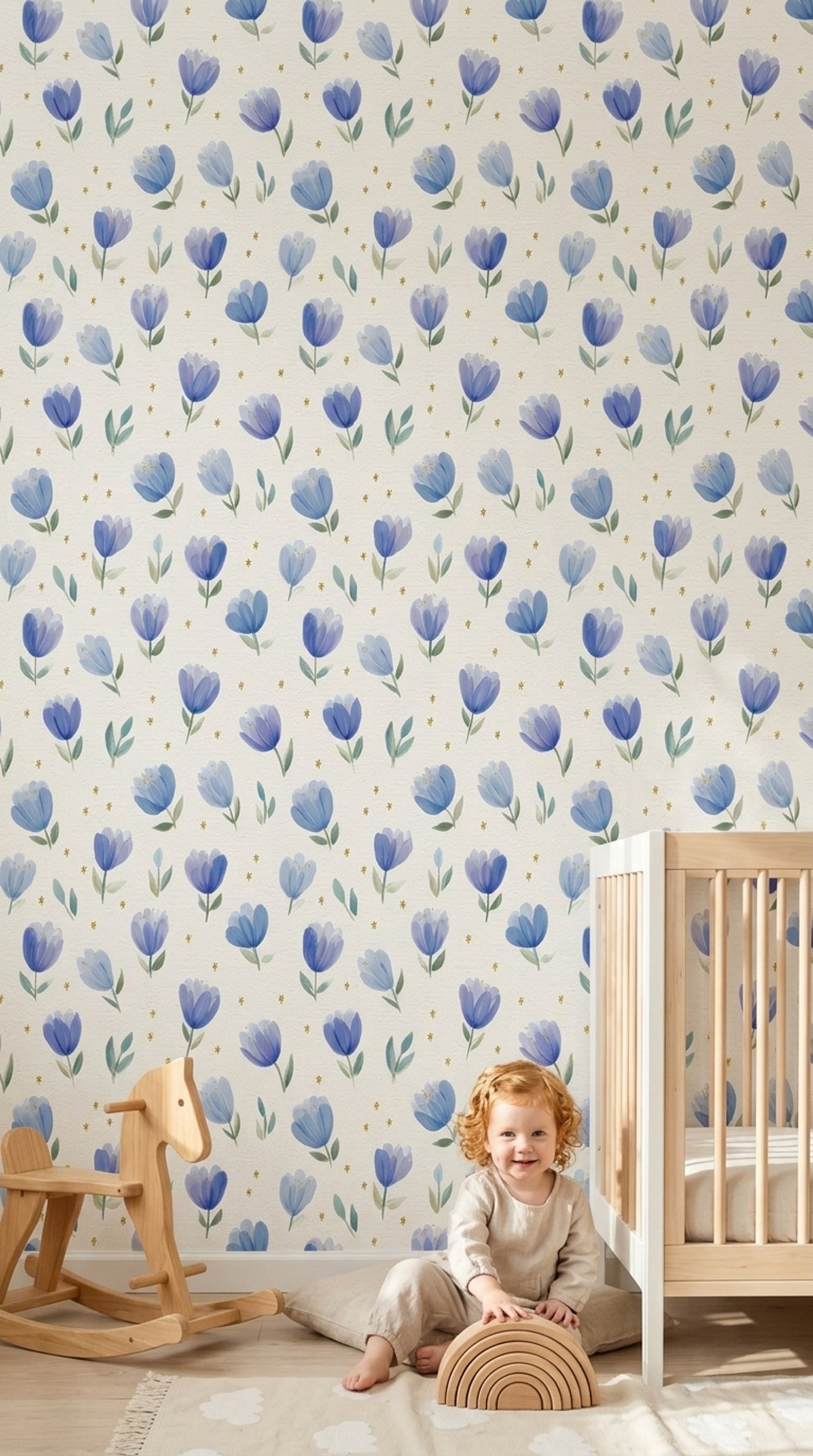 Blue Floral Wallpaper Tulip Pattern Removable Watercolor Flowers Wall Double Roll
