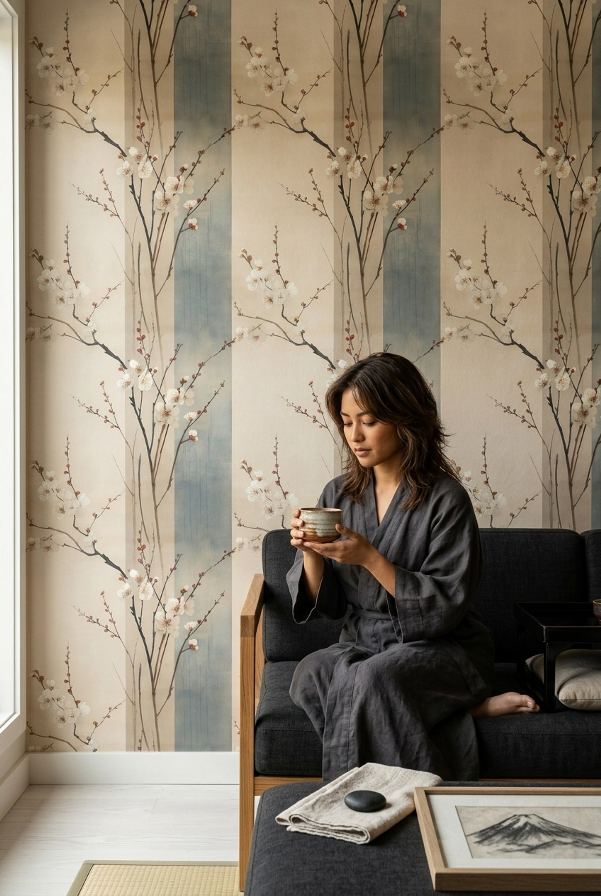 Floral Branches Wallpaper White Blossoms Removable Watercolor Wash Wall Double Roll