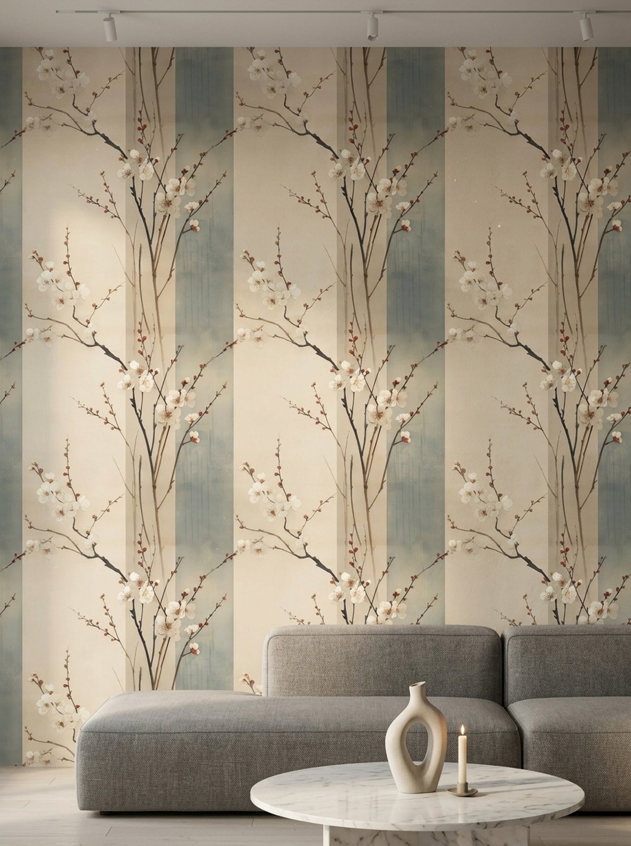 Floral Branches Wallpaper White Blossoms Removable Watercolor Wash Wall Double Roll