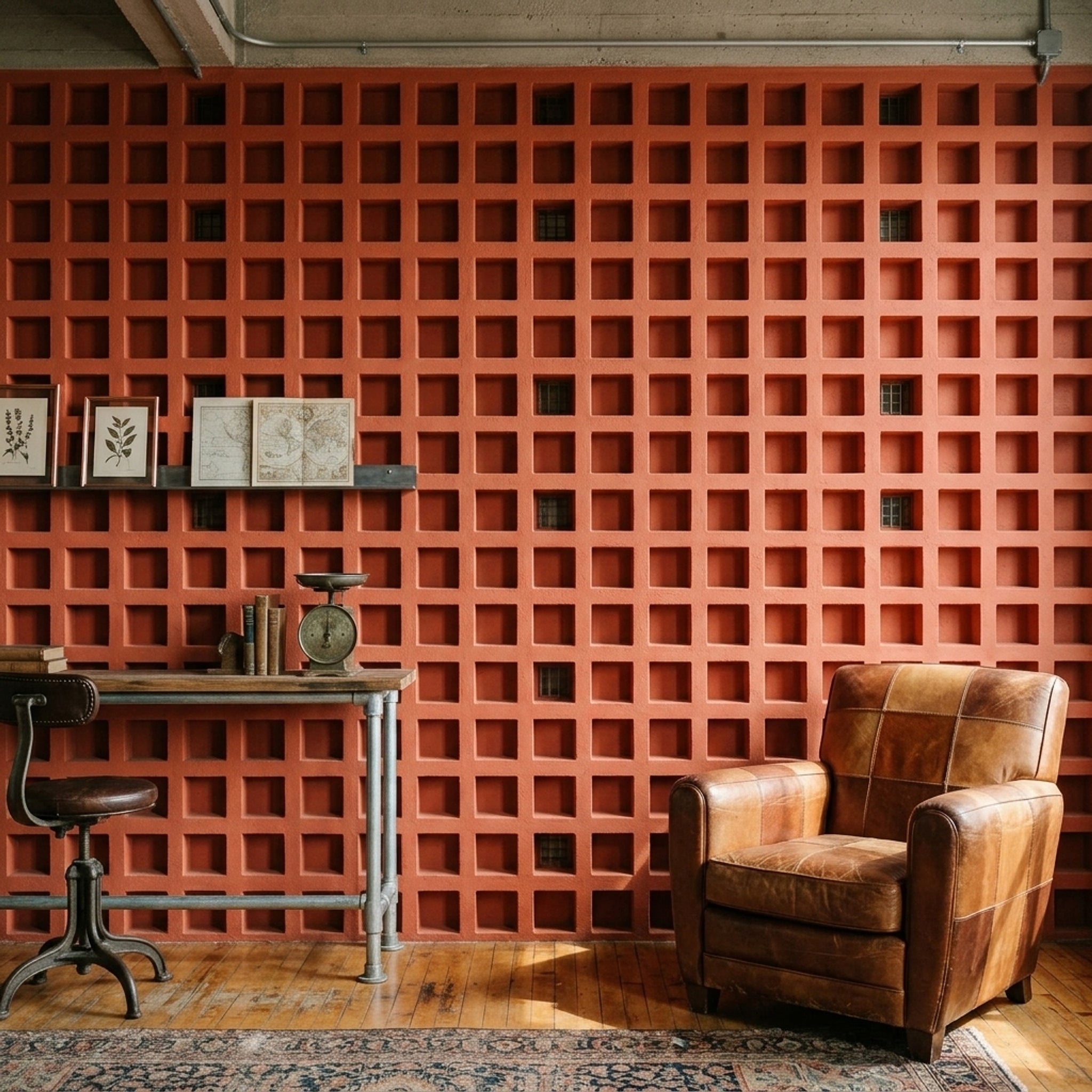 Architectural Facade Wallpaper Geometric Grid Recessed Squares Decorative Mural