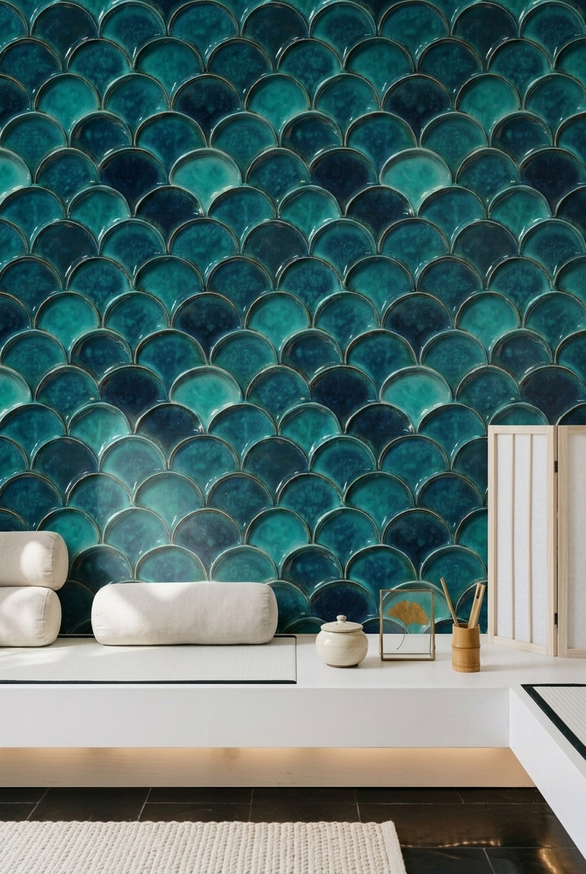 Scallop Tile Wallpaper Glossy Ceramic Metallic Outline Removable Wall Decor