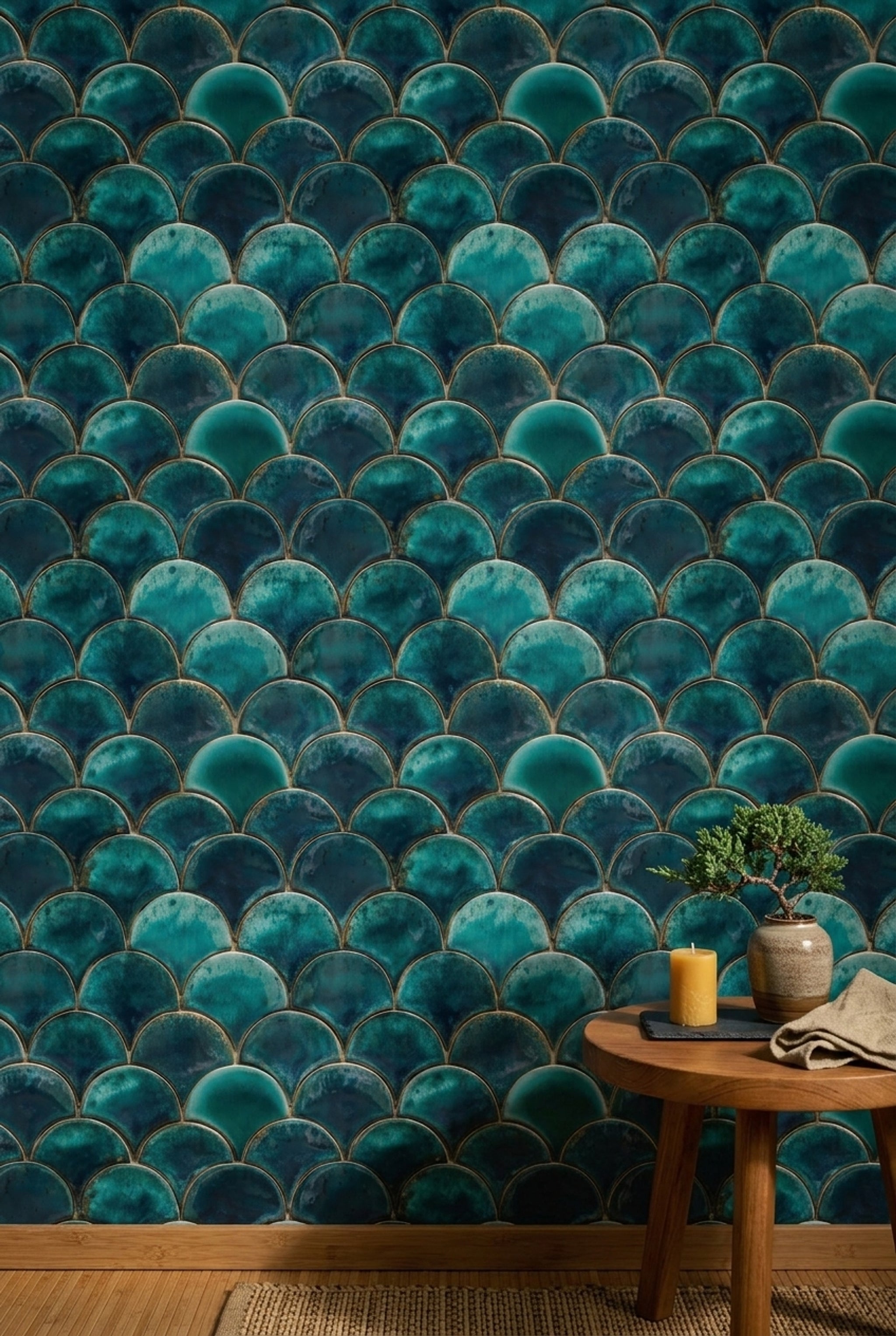 Scallop Tile Wallpaper Fish Scale Pattern Glazed Ceramic Decorative Mural
