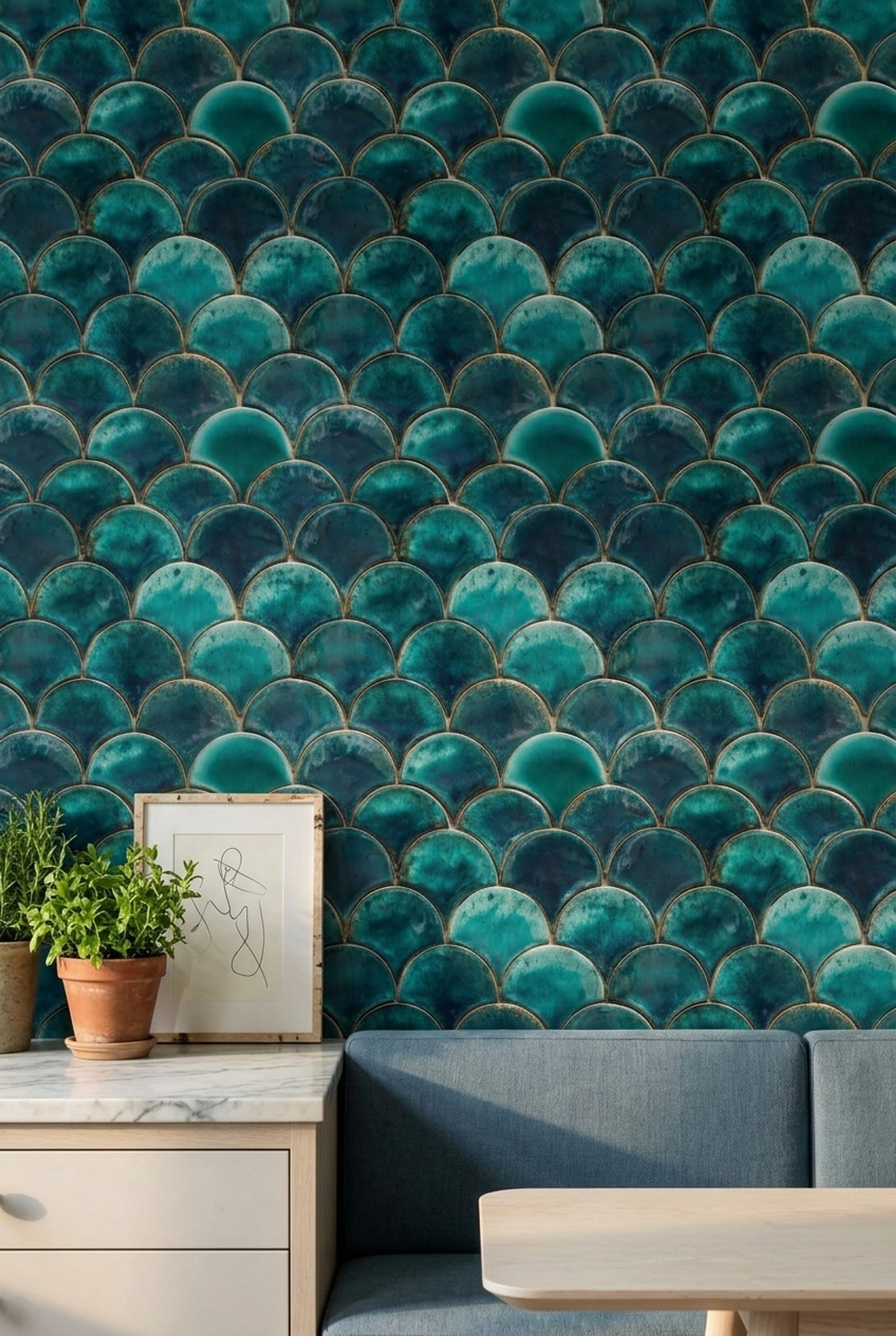 Scallop Tile Wallpaper Fish Scale Pattern Glazed Ceramic Decorative Mural