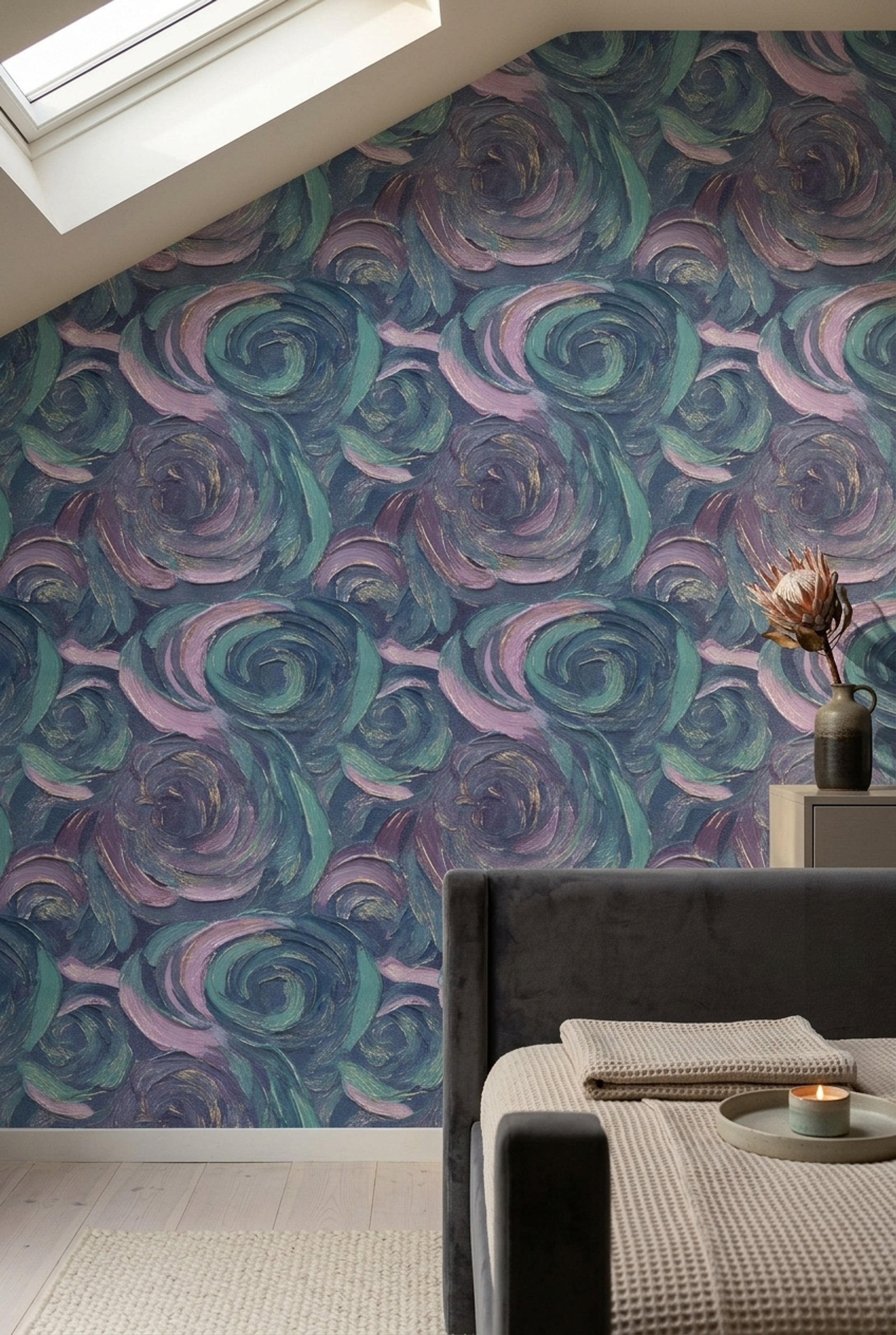 Dark Abstract Wallpaper Swirling Brushstrokes Removable Teal And Lavender Wall Double Roll