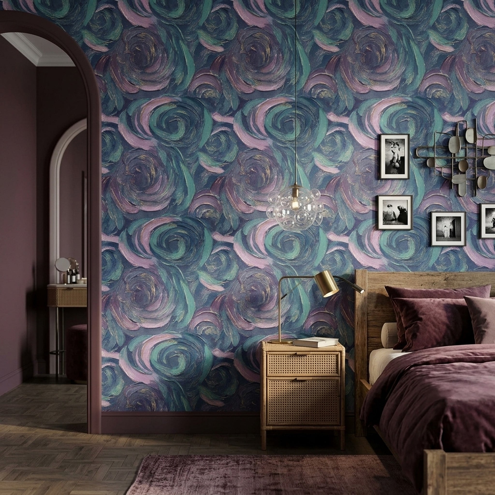 Dark Abstract Wallpaper Swirling Brushstrokes Removable Teal And Lavender Wall Double Roll