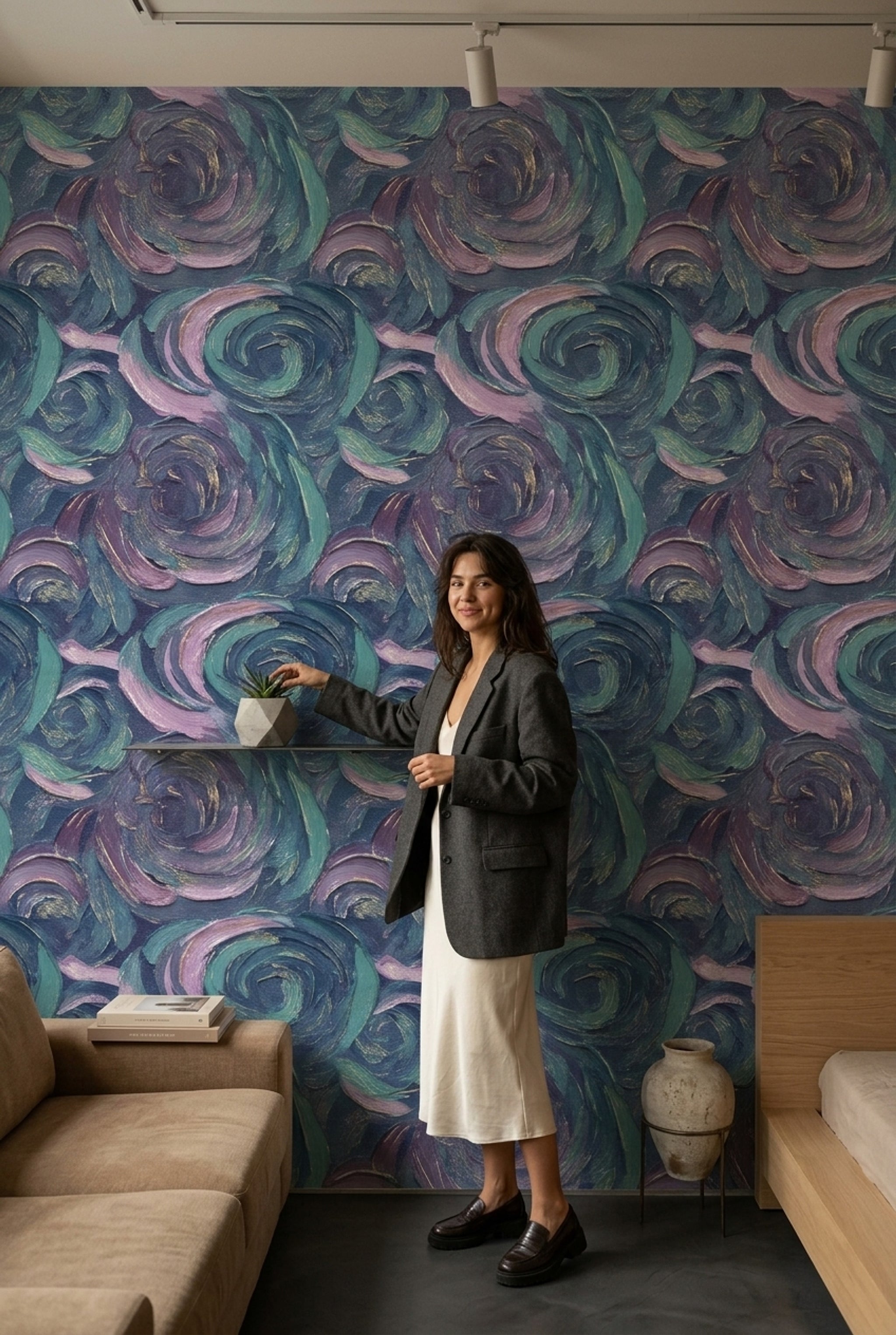 Dark Abstract Wallpaper Swirling Brushstrokes Removable Teal And Lavender Wall Double Roll