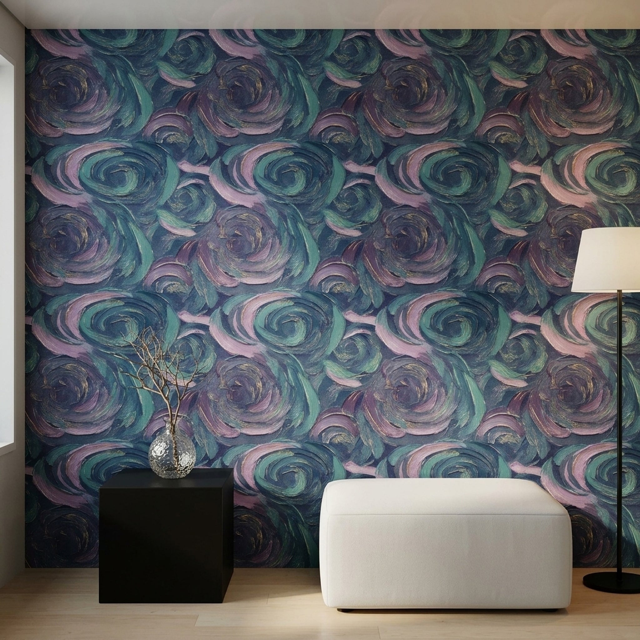 Dark Abstract Wallpaper Swirling Brushstrokes Removable Teal And Lavender Wall Double Roll