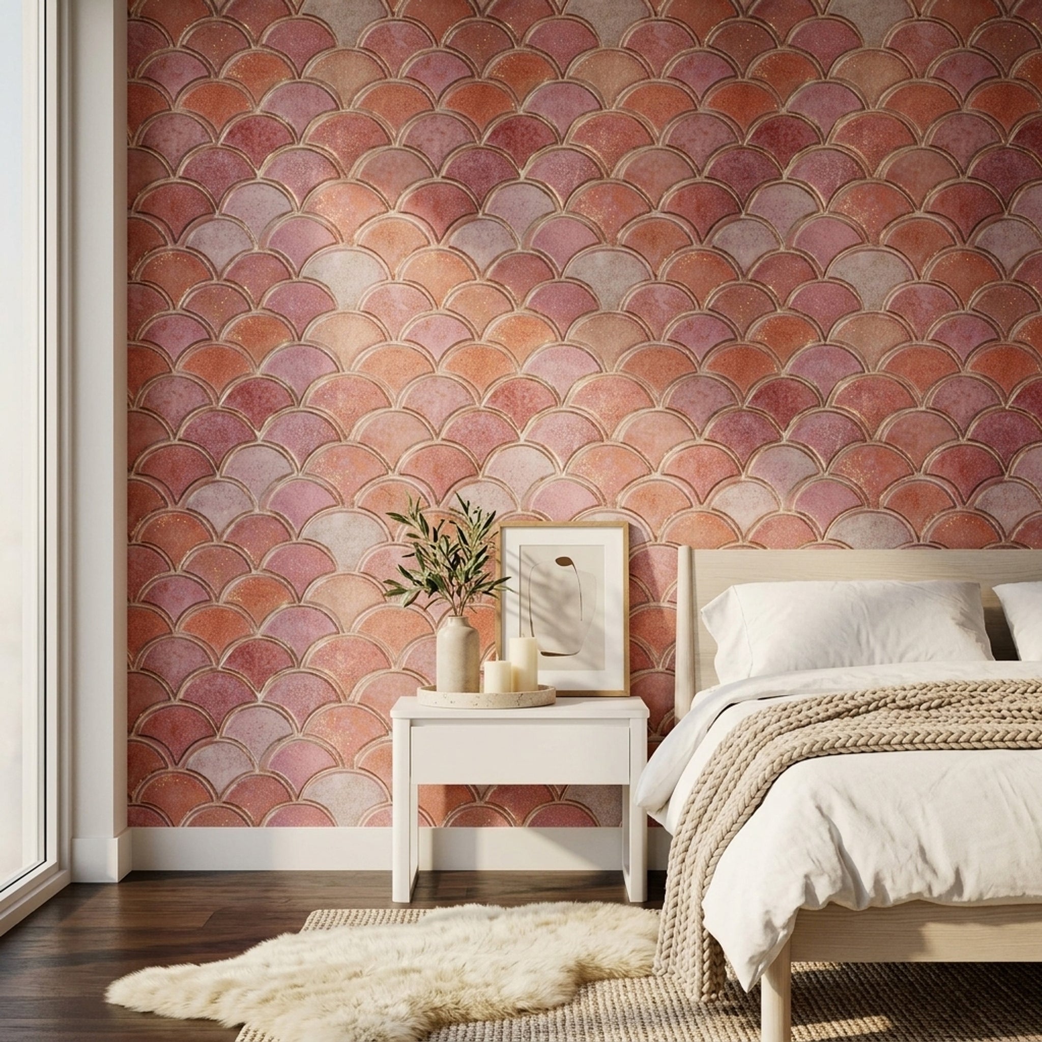 Scallop Pattern Wallpaper Fan Motif Geometric Decorative Mural