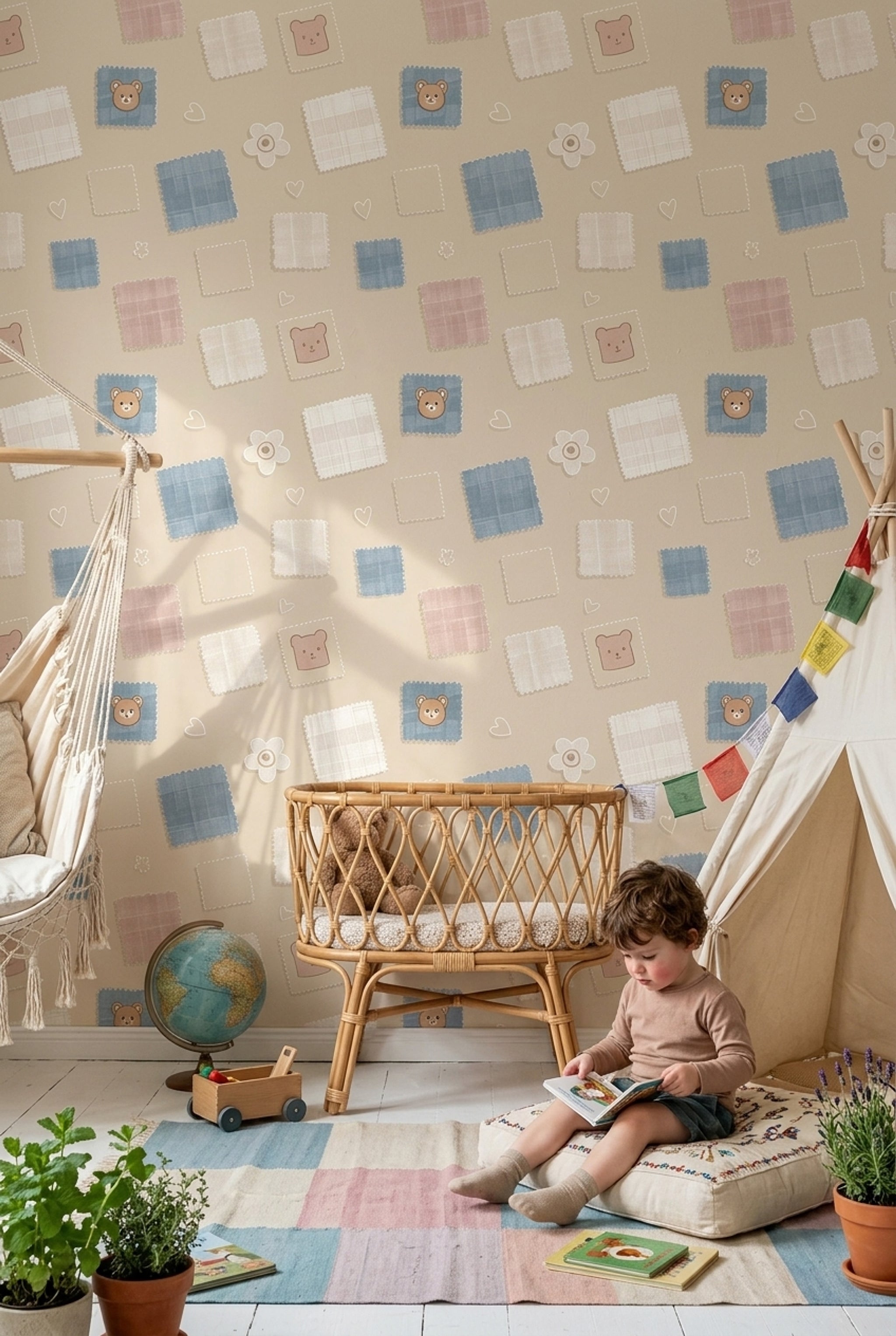 Patchwork Wallpaper Fabric Swatches Removable Teddy Bear Wall Double Roll