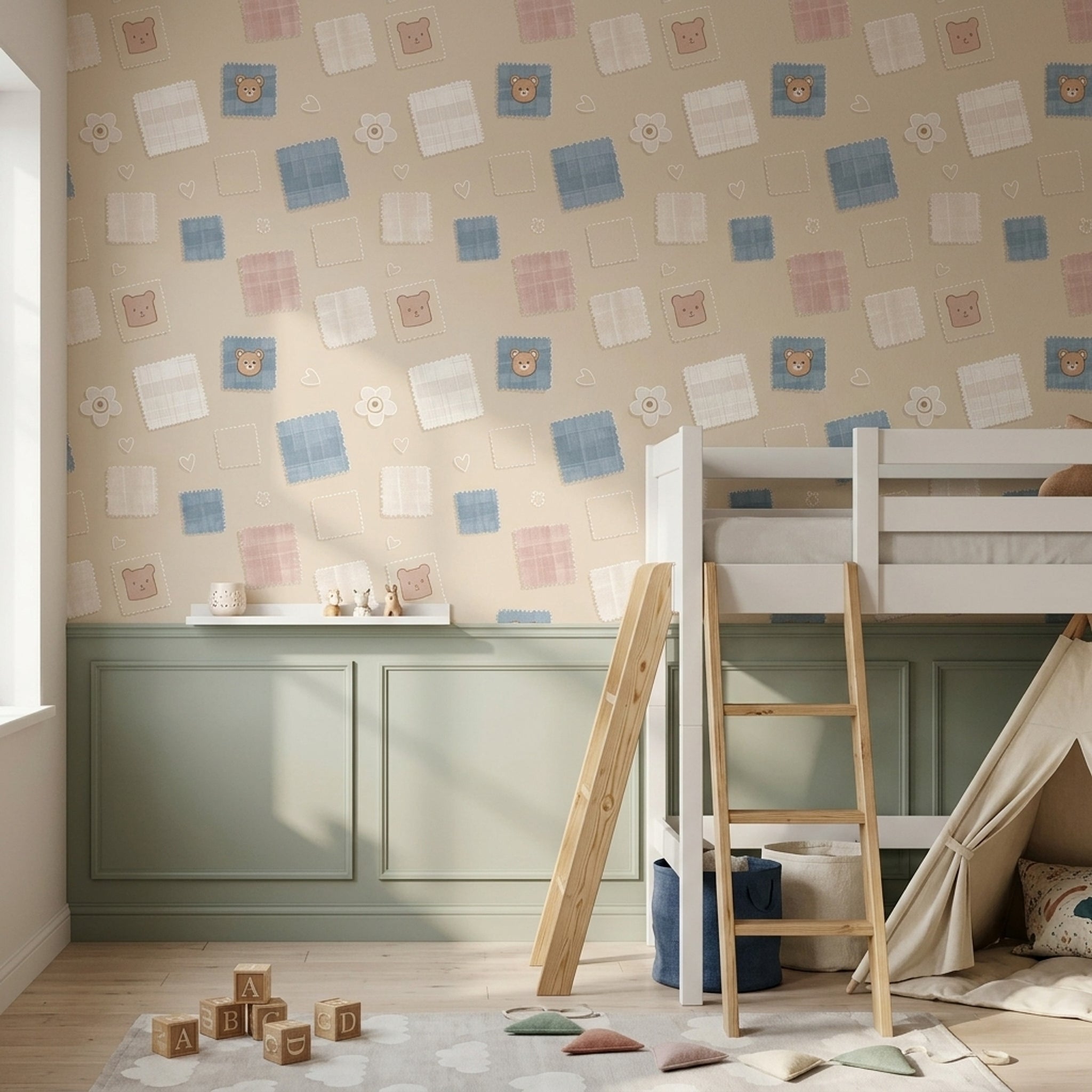 Patchwork Wallpaper Fabric Swatches Removable Teddy Bear Wall Double Roll