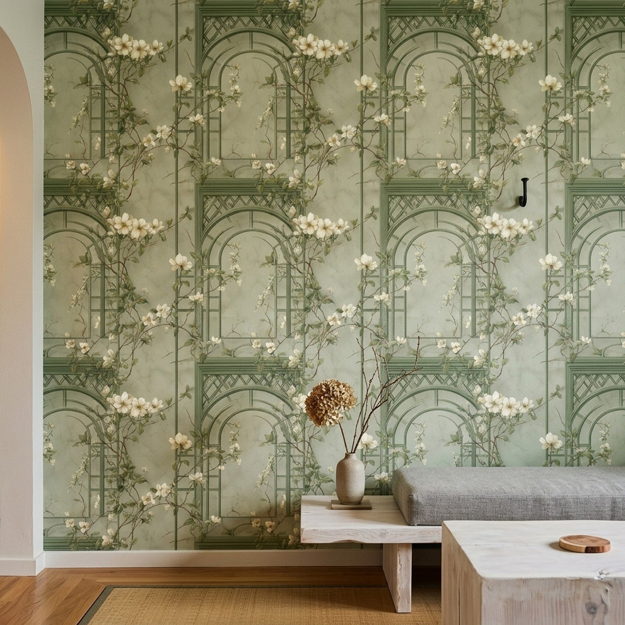 Muted Green Wallpaper Botanical Removable Floral Wall Double Roll
