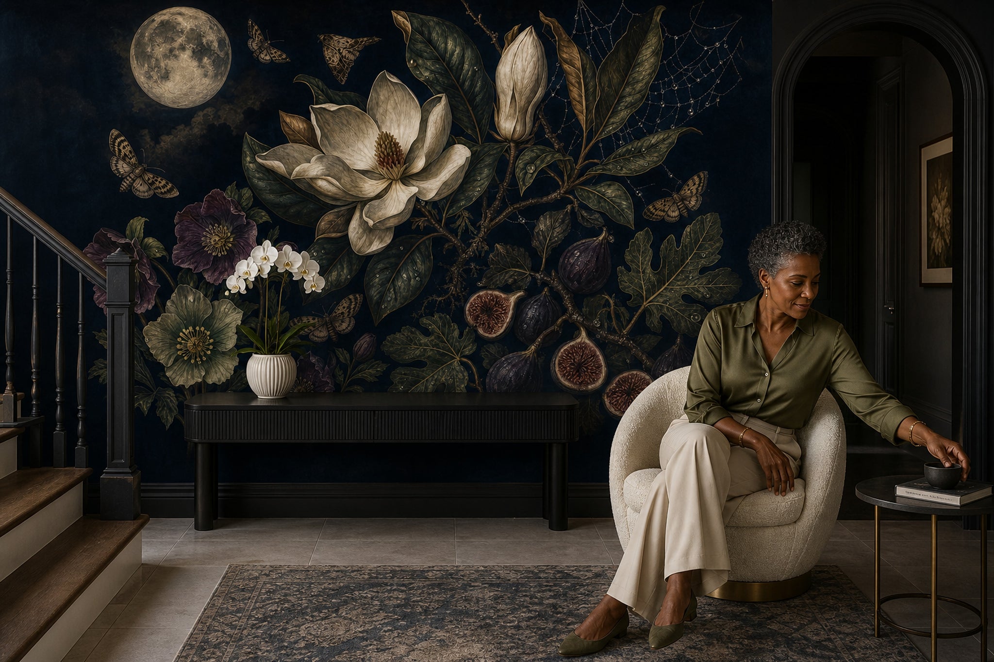 Nocturnal Botanical Wallpaper Moon Magnolia Flower Removable Wall Decor
