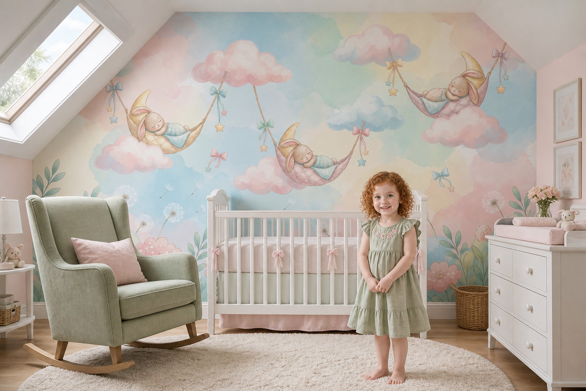 Nursery Wallpaper Pastel Sleeping Bunny Removable Wall Decor
