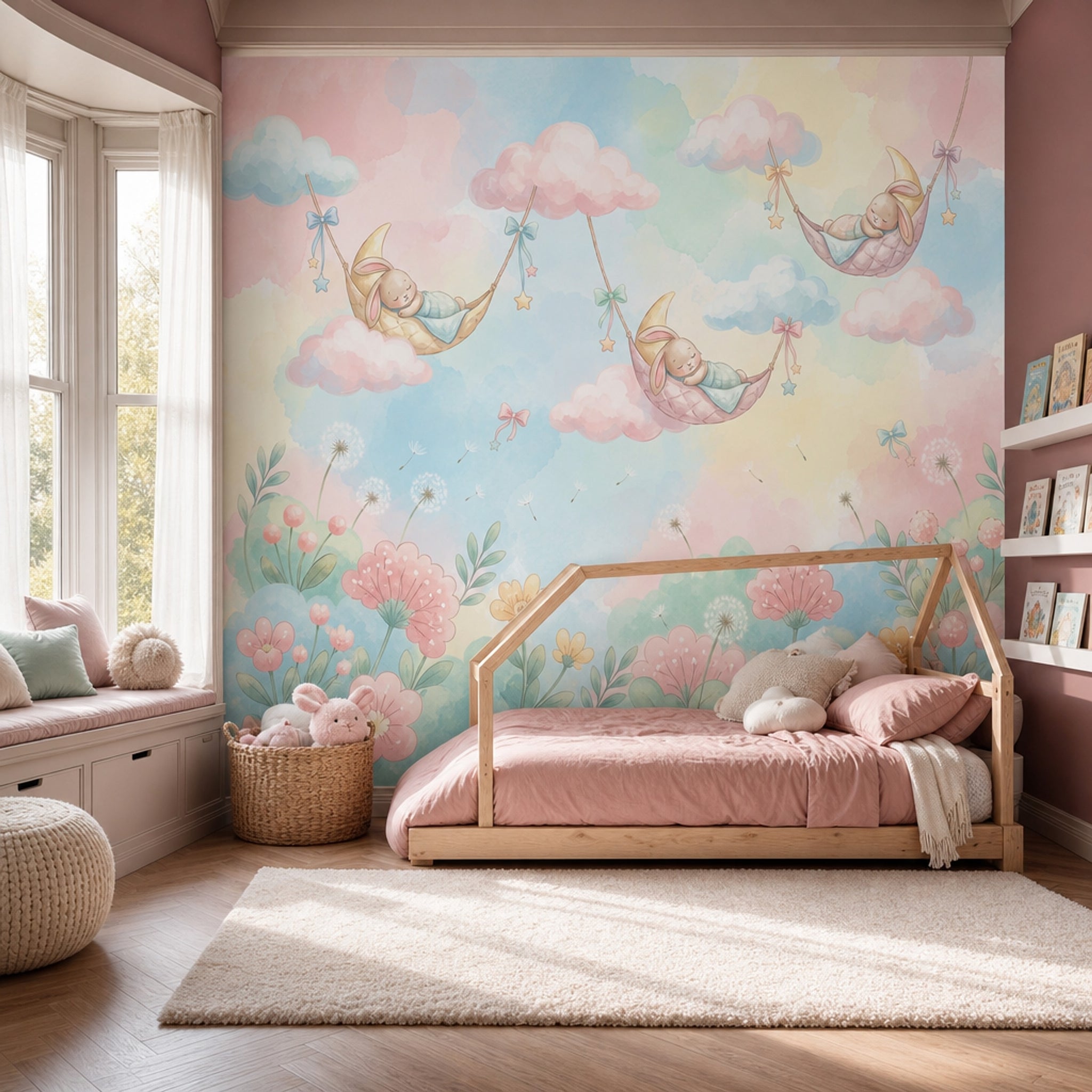 Nursery Wallpaper Pastel Sleeping Bunny Removable Wall Decor