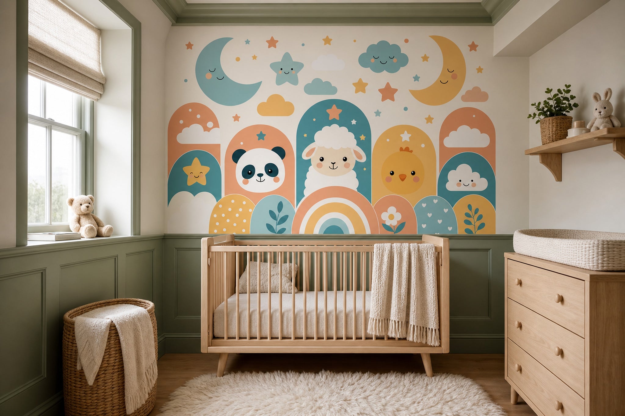 Nursery Wallpaper Cute Animals Moon And Stars Removable Wall Decor